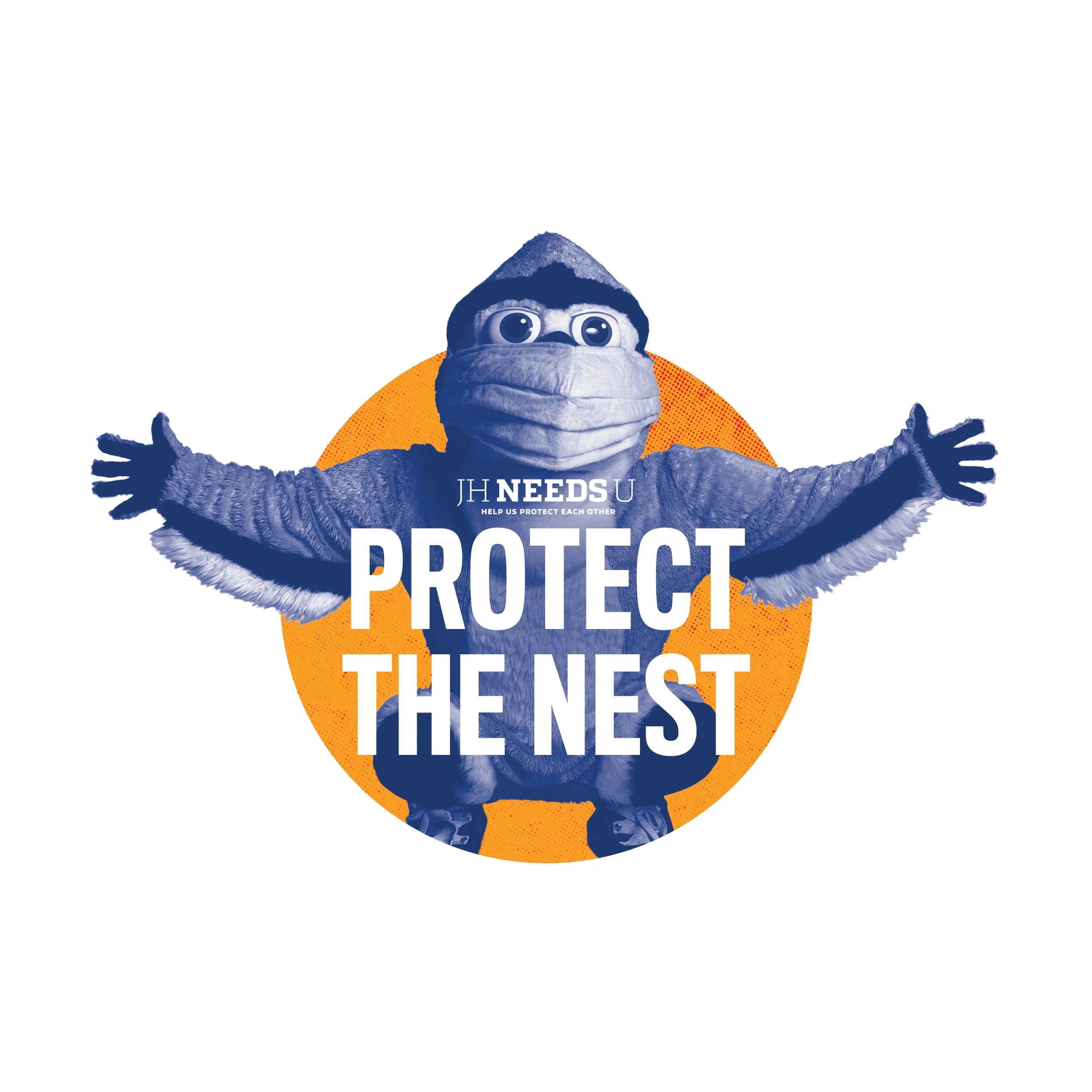 A mascot resembling a bird wearing a mask with arms outstretched, with text urging to 'Protect the Nest' and support for helping and protecting each other.