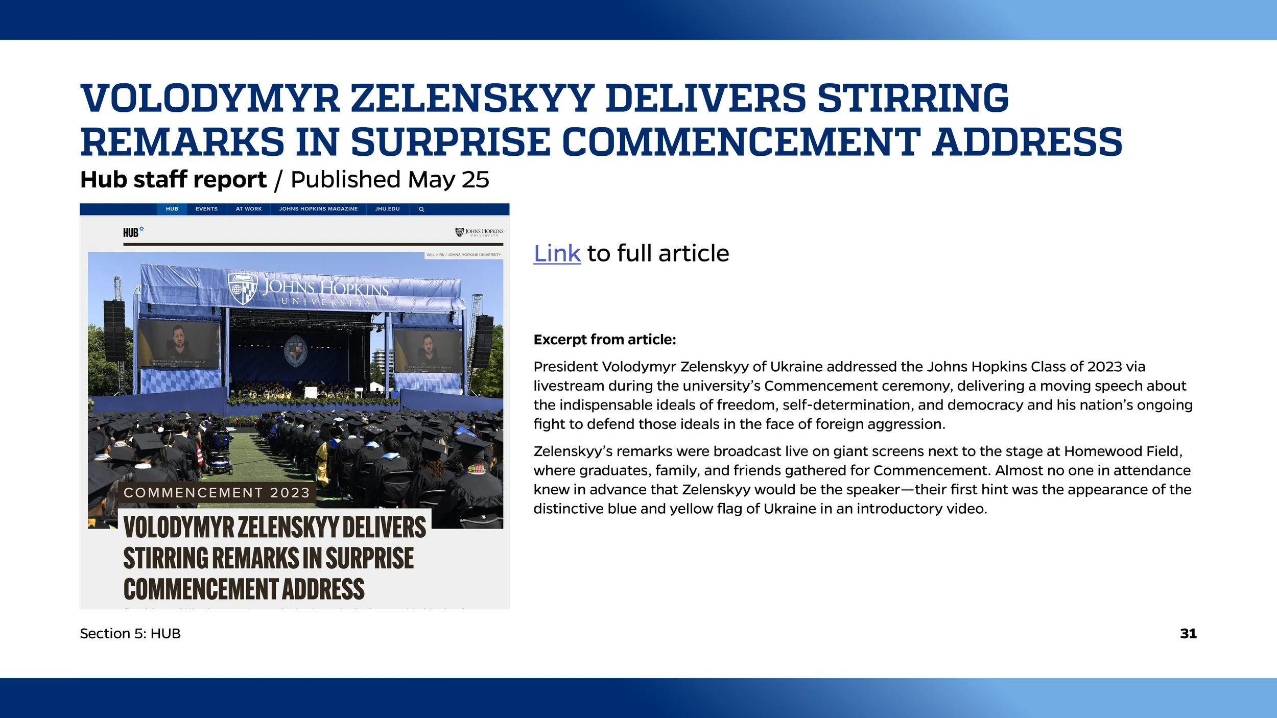 Screenshot of an online article about President Volodymyr Zelenskyy of Ukraine delivering a speech at Johns Hopkins University commencement, with an image of the outdoor graduation ceremony showing graduates in caps and gowns, a stage with screens, a