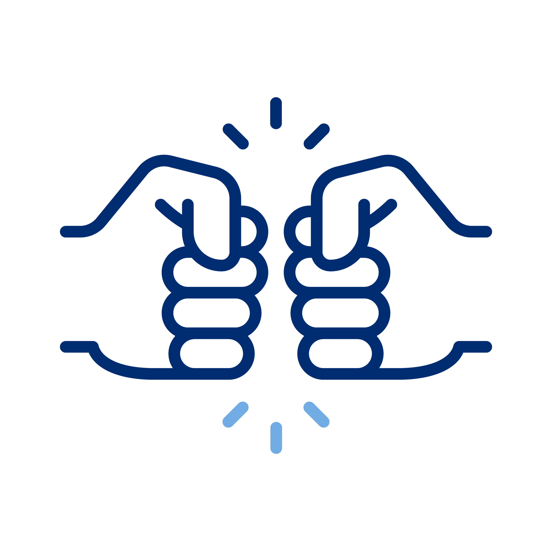 Outline illustration of two hands giving each other a high five, with lines indicating motion or impact, in a minimalist style with blue color.
