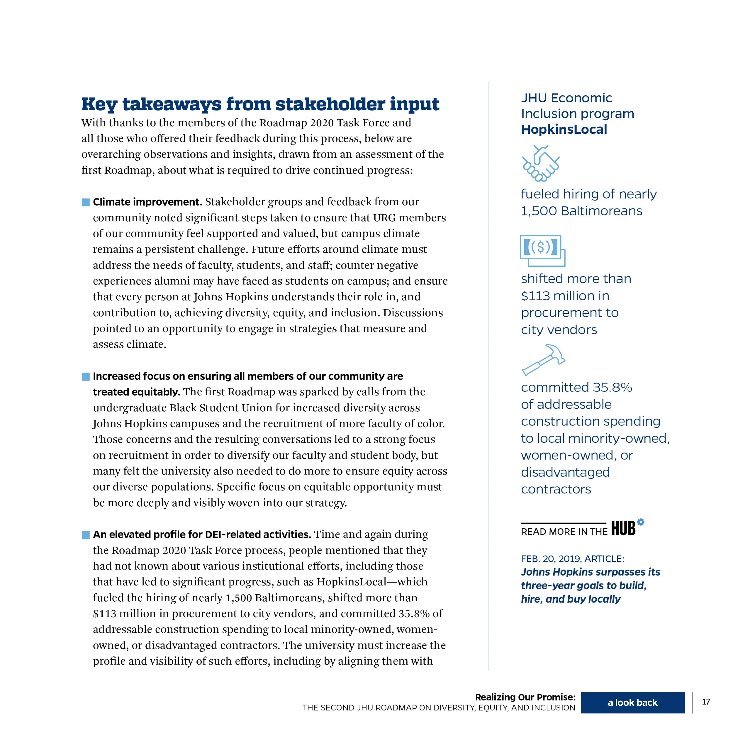 Document titled 'Key takeaways from stakeholder input' from HopkinsLocal, discussing climate improvement, community diversity, and DEI efforts, with statistics on hiring, procurement, and construction spending, and referencing a January 2019 article.