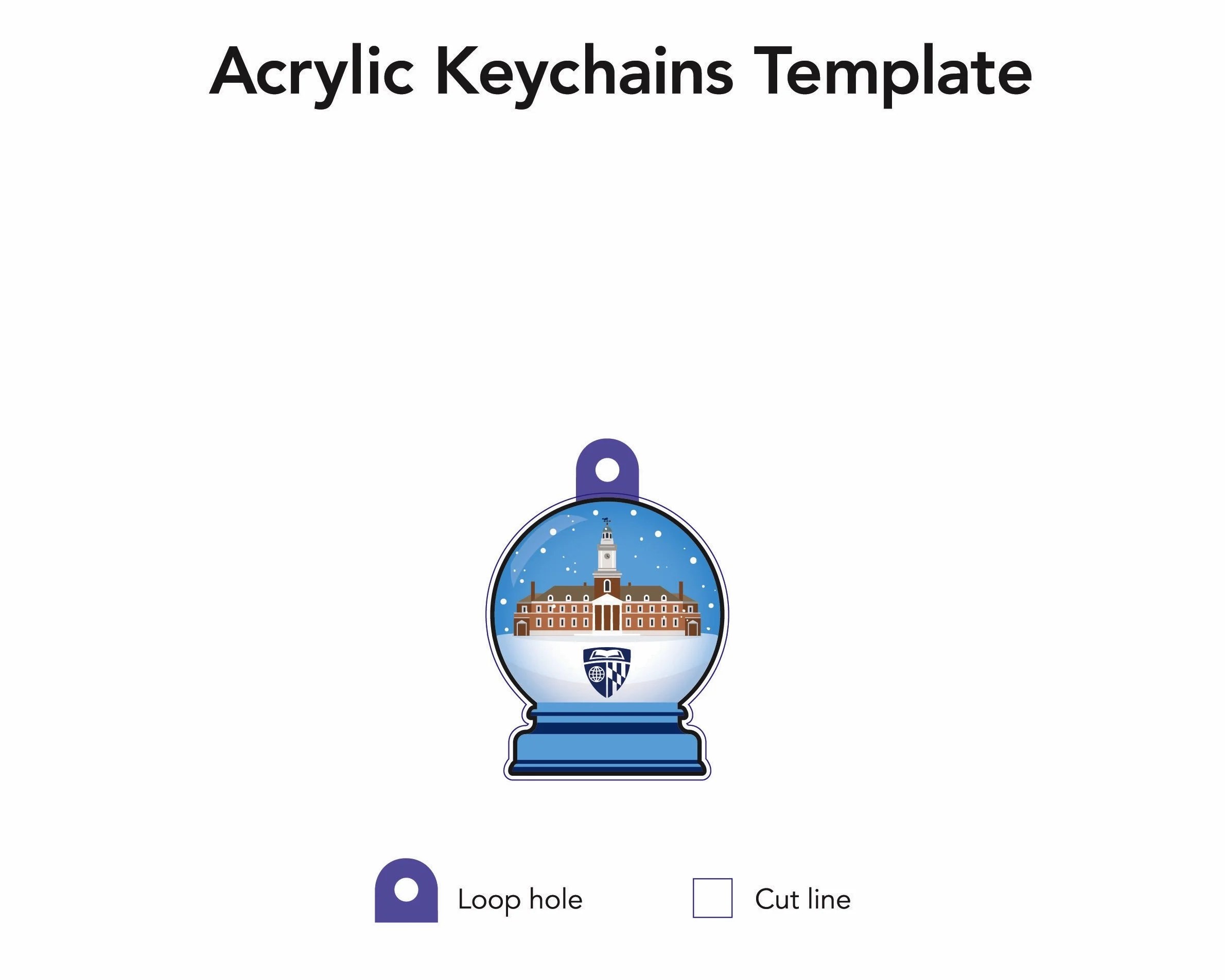Illustration of a template for acrylic keychains featuring a winter scene of a building with a clock tower, snow, and a shield emblem, with a legend indicating a loop hole and cut line.