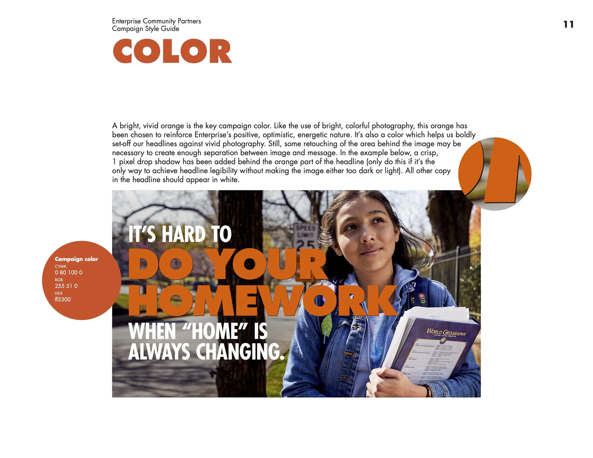 Page from a campaign style guide discussing the use of bright orange for headlines, showing a photograph of a young girl holding a textbook outdoors with trees in the background. The page includes a color palette with the campaign color, CMYK 0 80 10