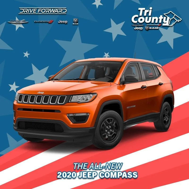 Orange 2020 Jeep Compass SUV against a patriotic background with stars and stripes, promoting Jeep dealership.