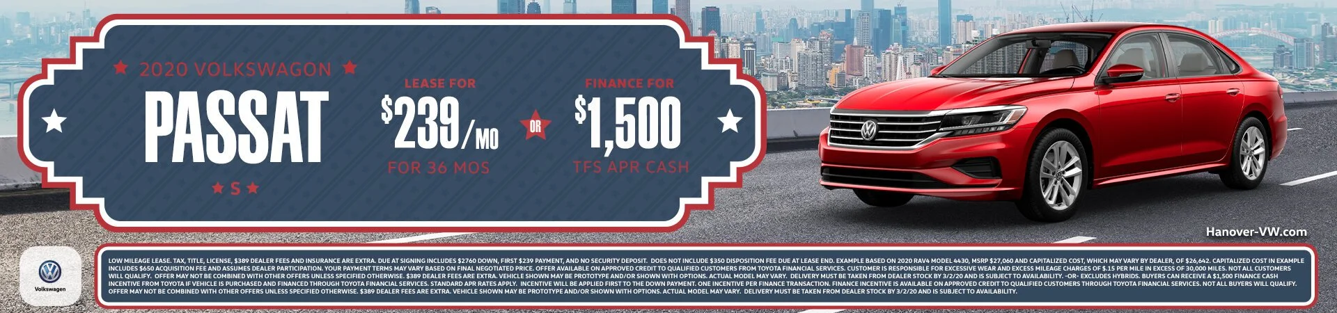 Red 2020 Volkswagen Passat parked on a city rooftop with skyline in the background, advertisement banner showing leasing options, dealership website, and detailed fine print