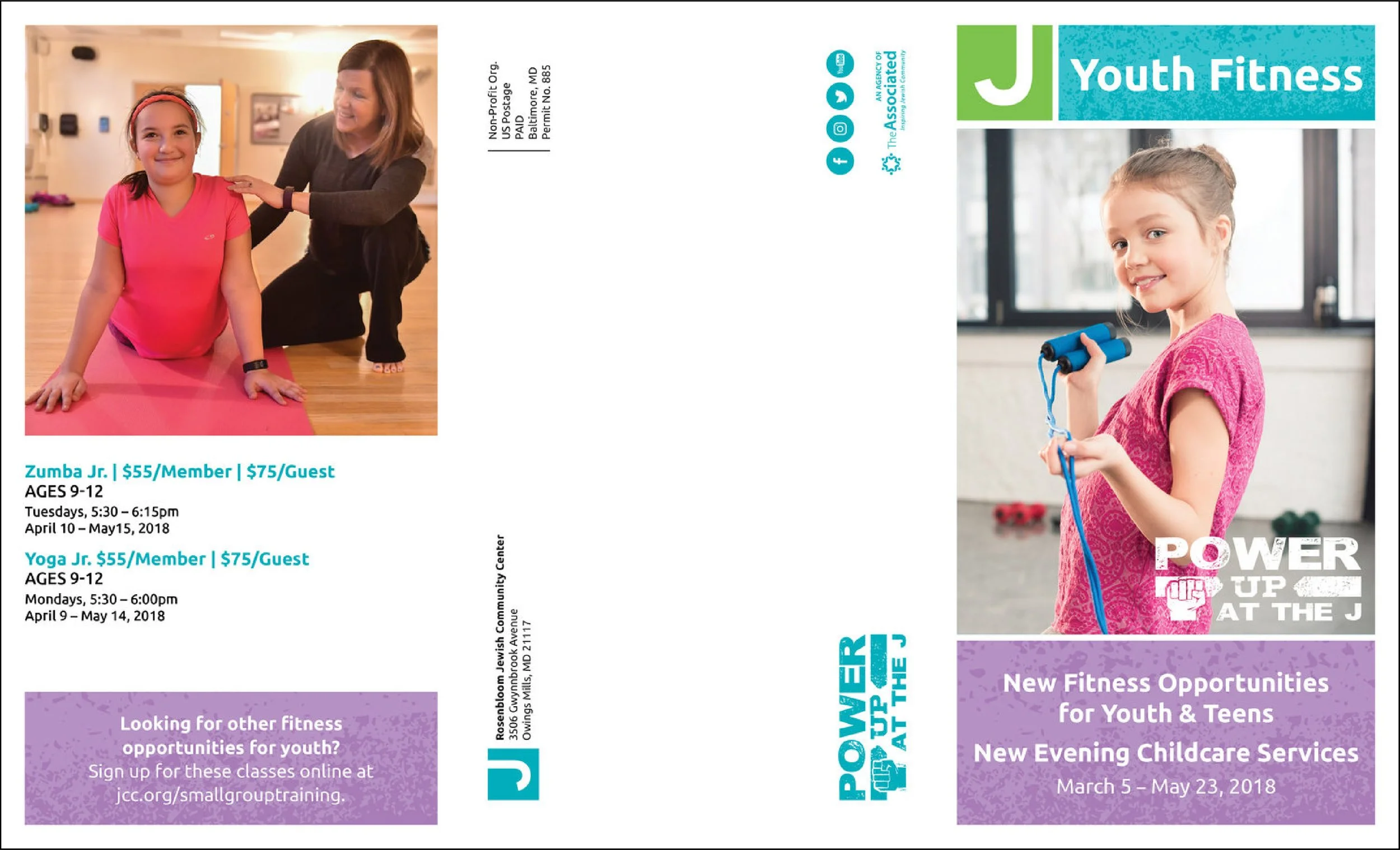 Brochure for youth fitness programs featuring photos of young girls exercising. One girl in a pink shirt holding a jump rope, smiling, with the words "Power Up at the J". Another girl in a pink workout outfit on a yoga mat with an instructor. Text details for Zumba Jr. and Yoga Jr. classes, including schedule, ages, prices, and dates. Purple sections with information on fitness opportunities and childcare services.