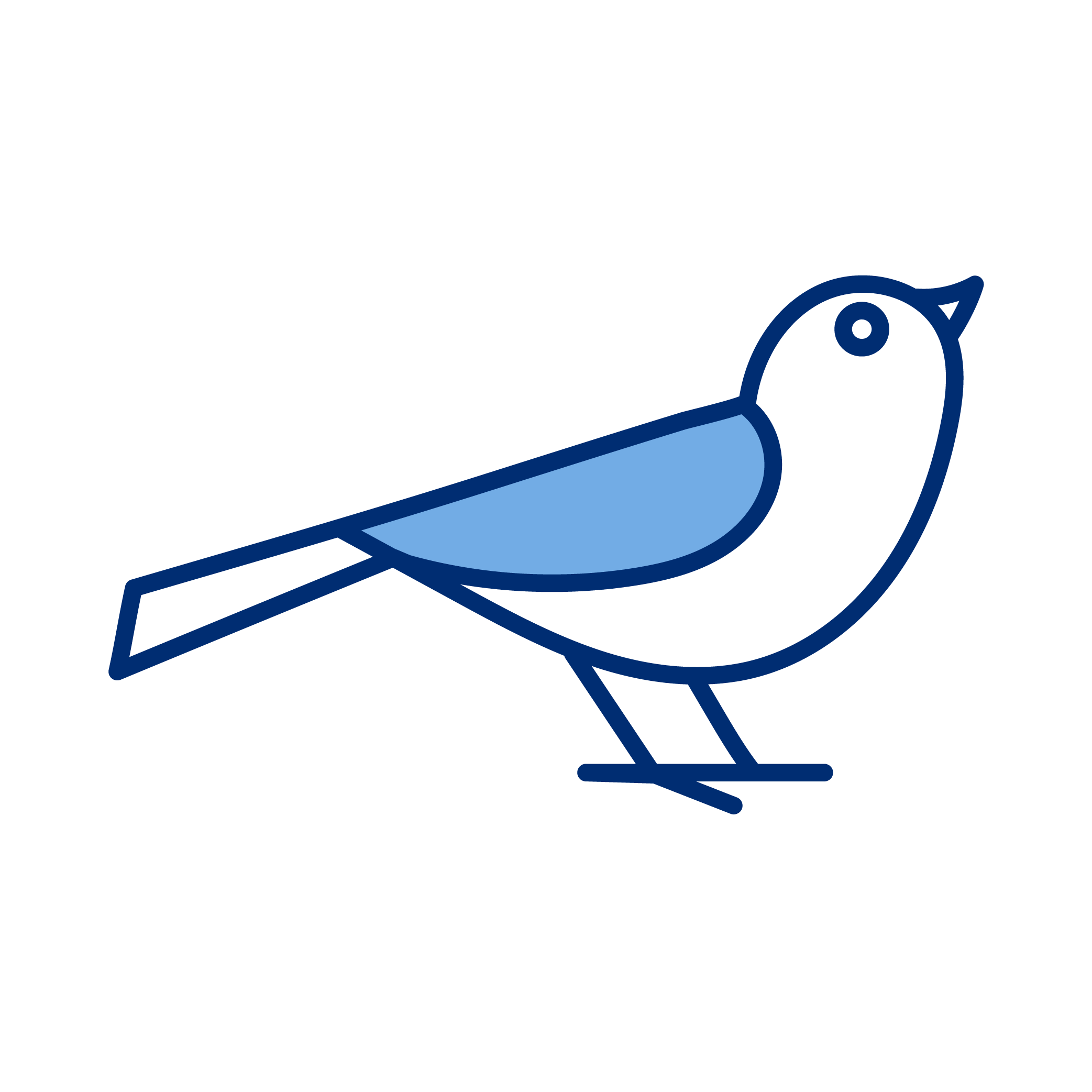 Stylized blue and light blue line drawing of a bird perched on a branch.