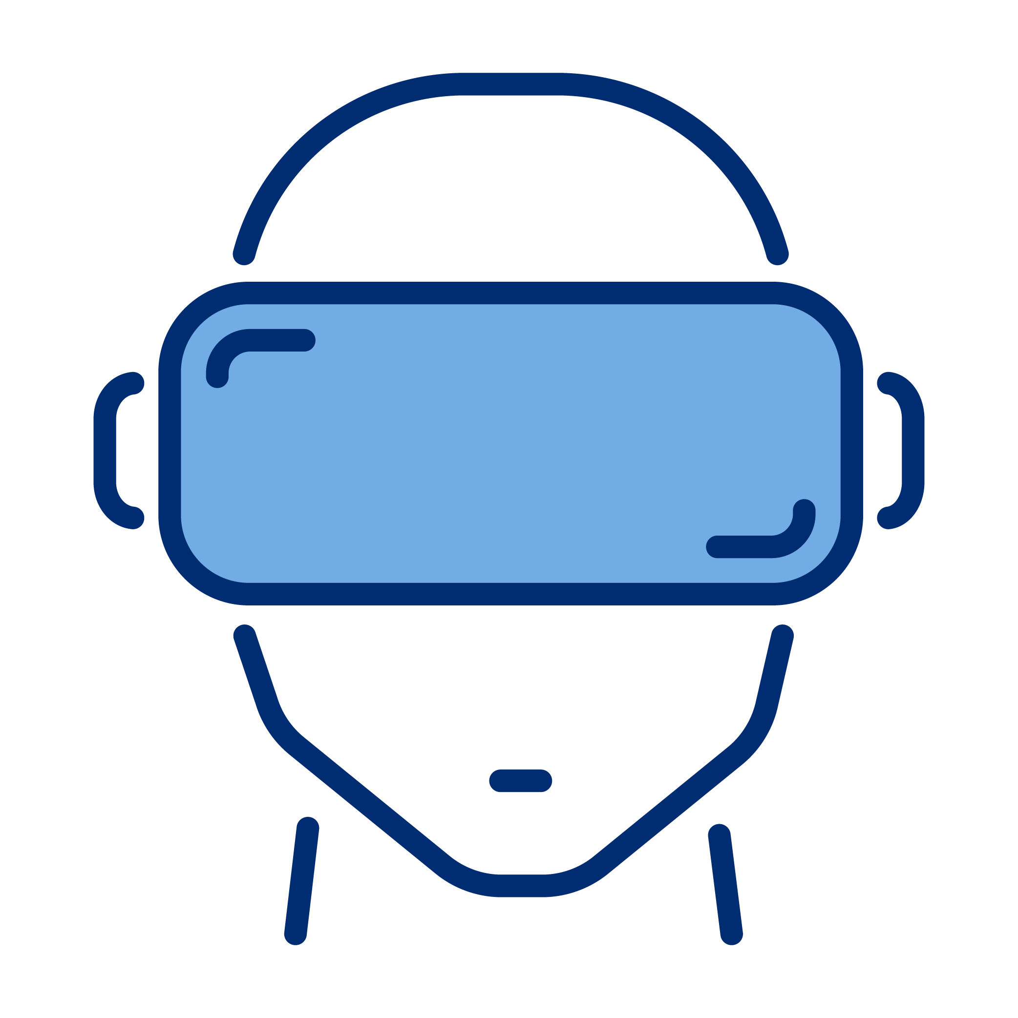 Line drawing of a person's head with a virtual reality headset on.