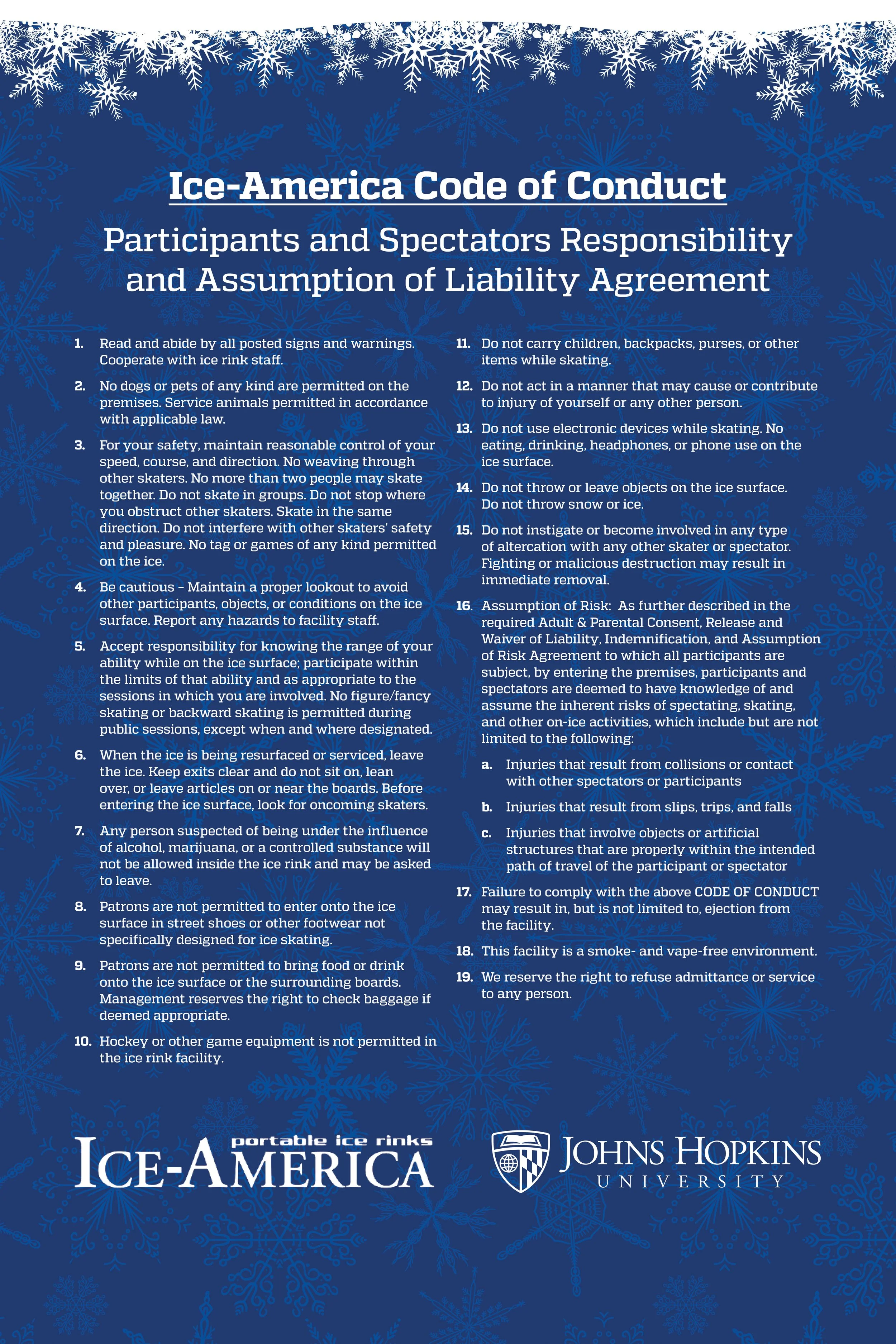 Rules and safety guidelines for ice skating at Ice-America, with snowflake decorations at the top and logos of Ice-America and Johns Hopkins University at the bottom.