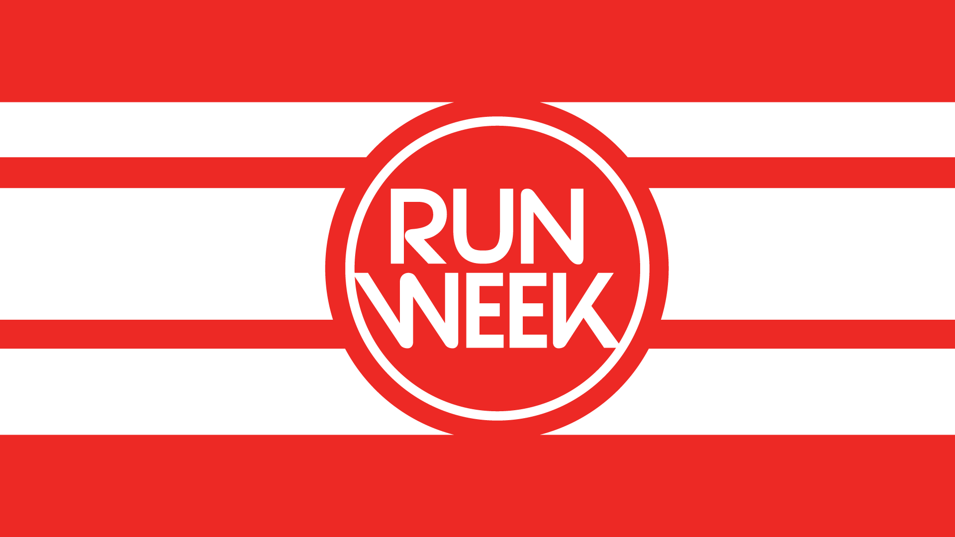 Red and white striped background with a circular logo in the center reading 'Run Week'.