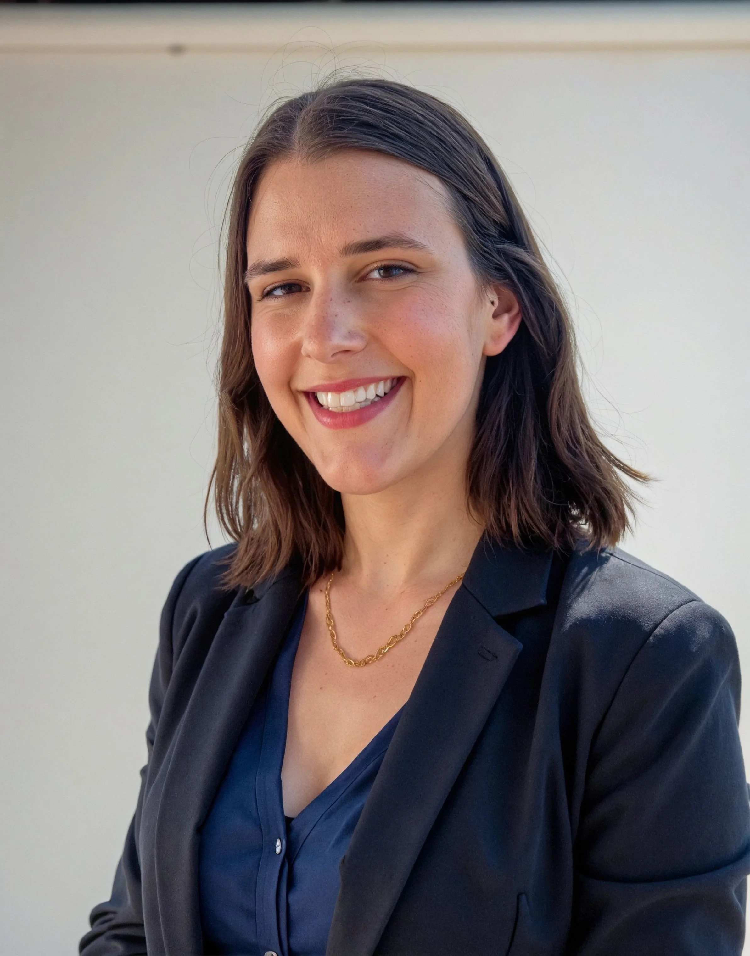 A woman smiling, wearing a black blazer and a navy blouse, with a gold necklace.