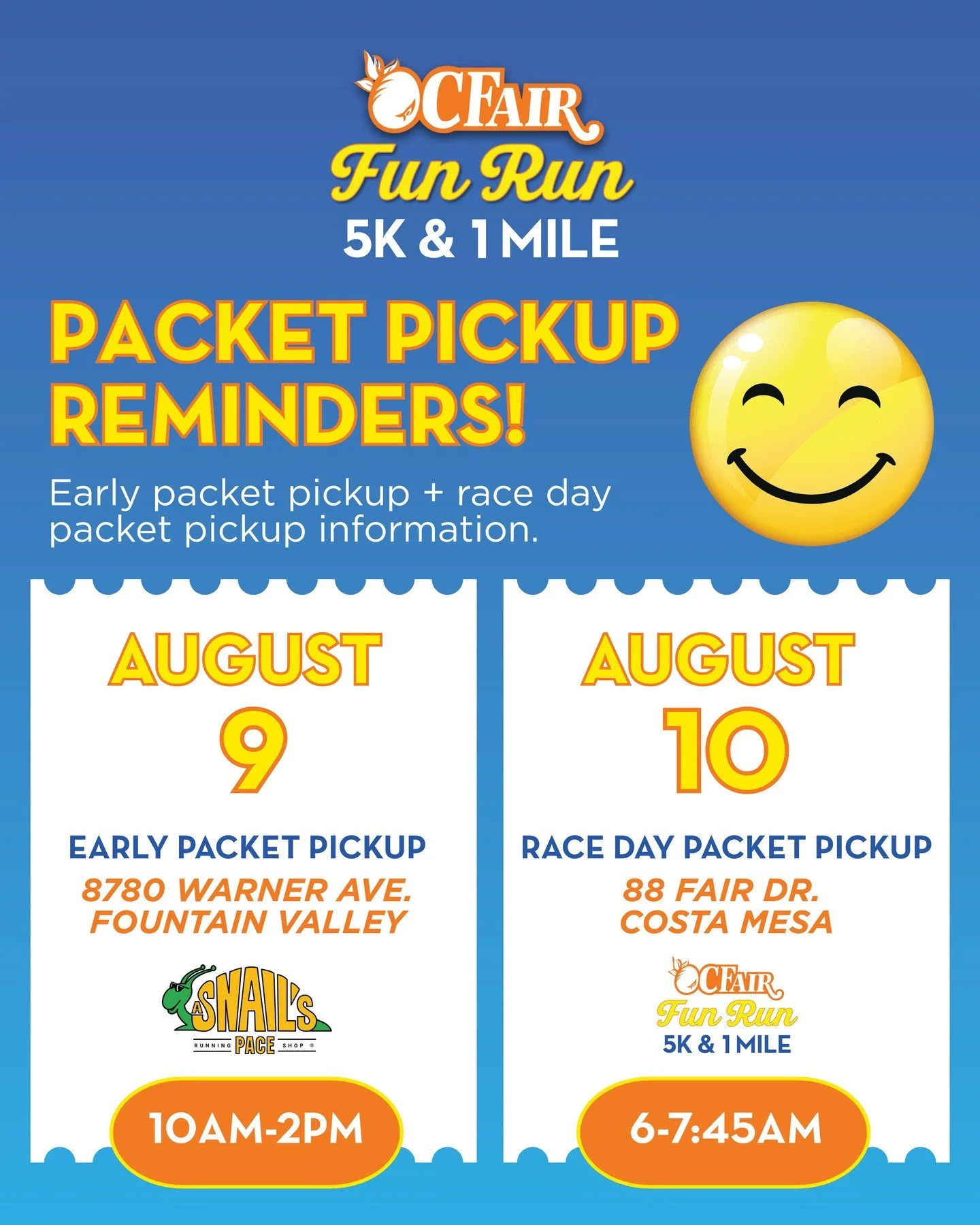 🚨 Packet Pickup Info Reminders! 🚨 Unsure of where to pick up your bib + t-shirt? Look no further! ⁠
⁠
To avoid race day lines, you can pick up your packet early TODAY, August 9th from 10:00 AM to 2:00 PM at @asprunning in Fountain Valley. 💙 If you