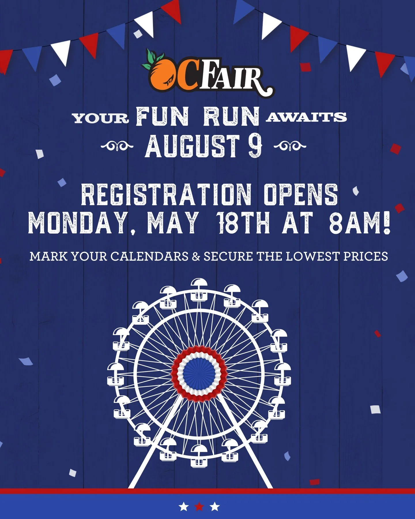 Mark your calendars!!! 🏃🎡 The OC Fair Fun Run 5K + 1.1 mile are BACK on August 9th, 2026. Run, walk, or skip through the OC Fair!⁠
⁠
Registrations opens Monday, May 18th at 8AM!! Be sure to register early to secure the lowest prices! 💙