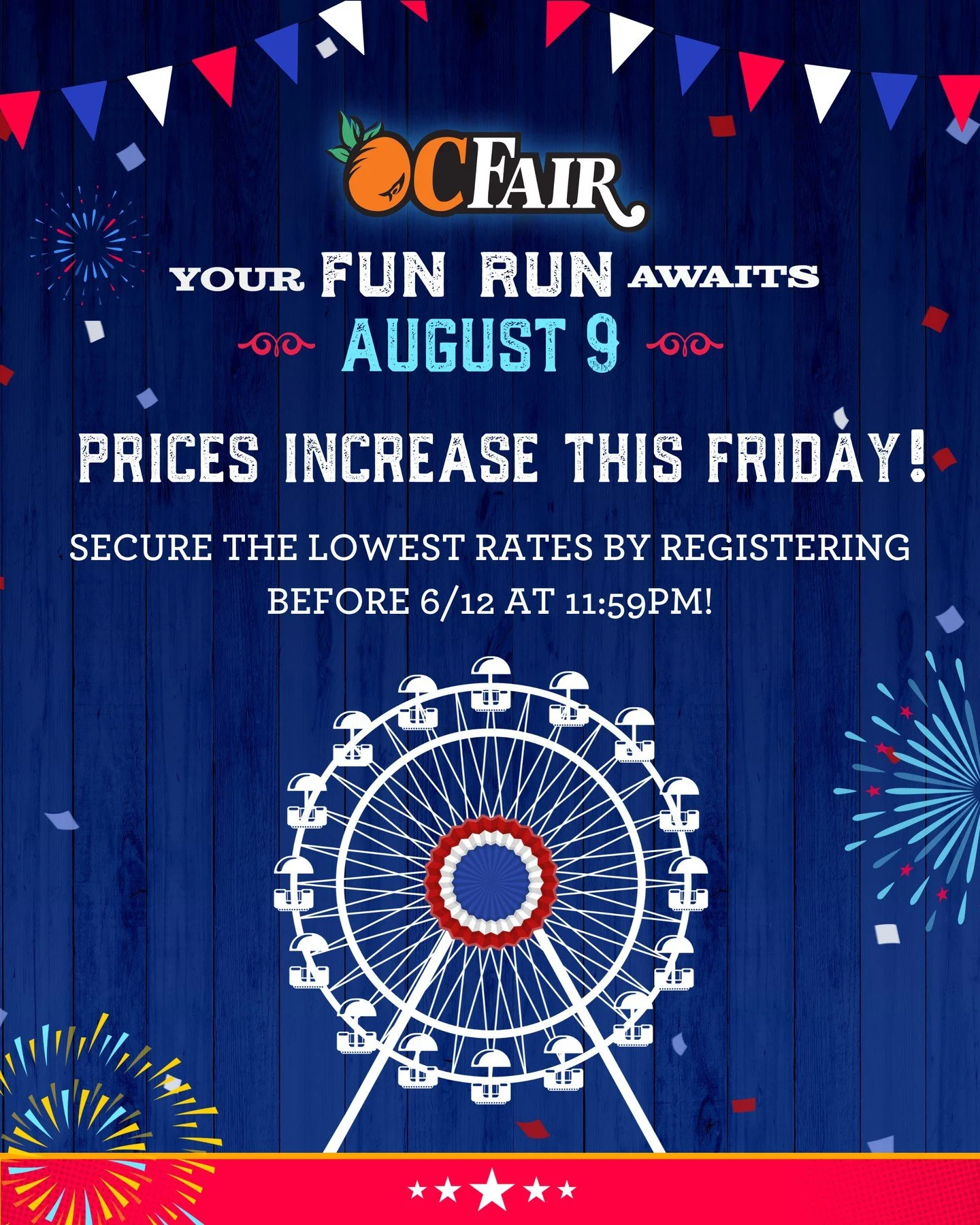 🚨 PRICE INCREASE ALERT! 🚨 Registration prices for the OC Fair Fun Run are increasing THIS FRIDAY 6/12 at 11:59PM! 🏃⁠
⁠
Don't miss out on your chance to lock in the lowest rate and save before prices go up.⁠
⁠
EVERY registered runner gets:⁠
🏅 A 20
