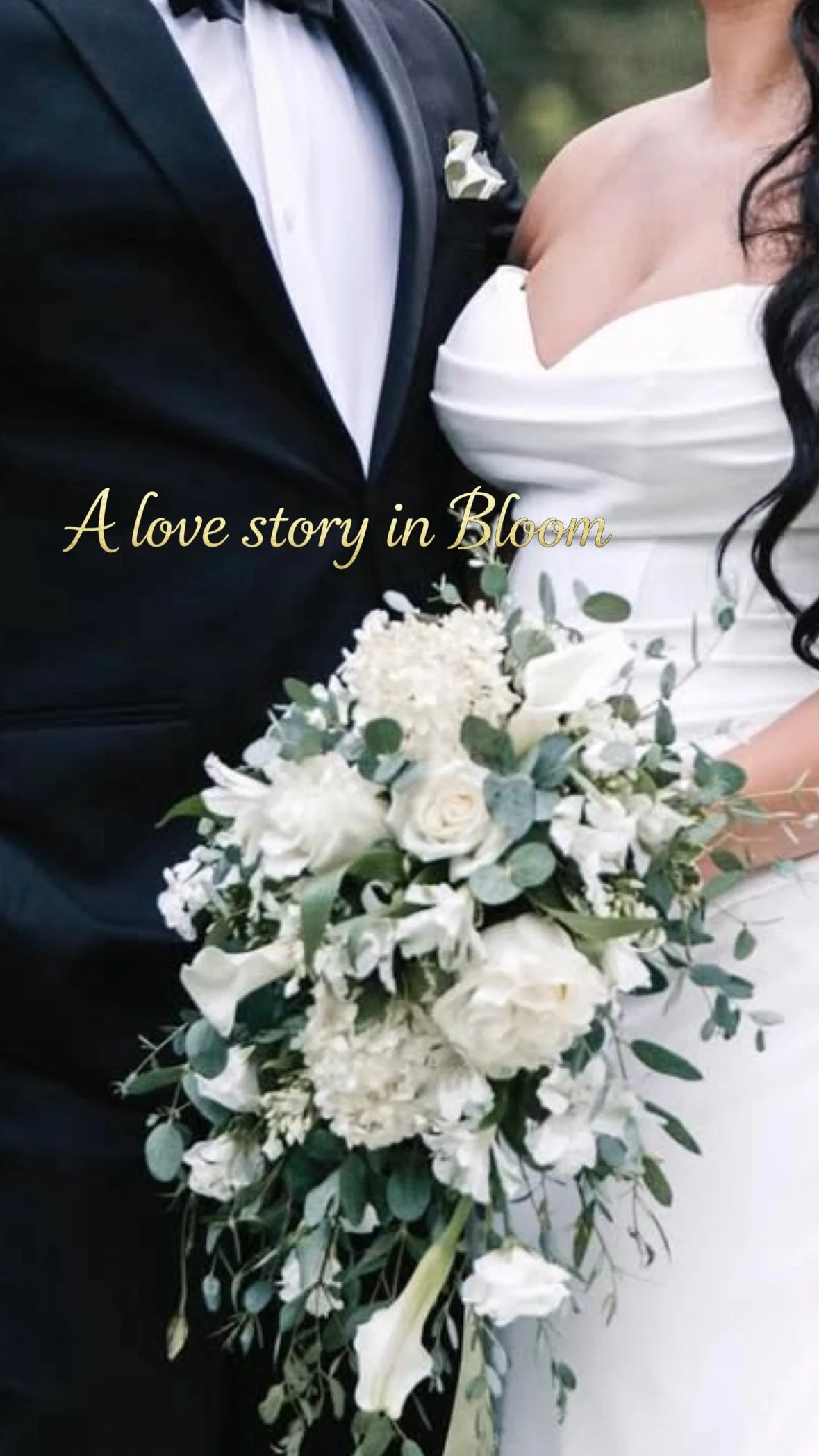 Close-up of a bride and groom on their wedding day, with the bride holding a large bouquet of white flowers and greenery