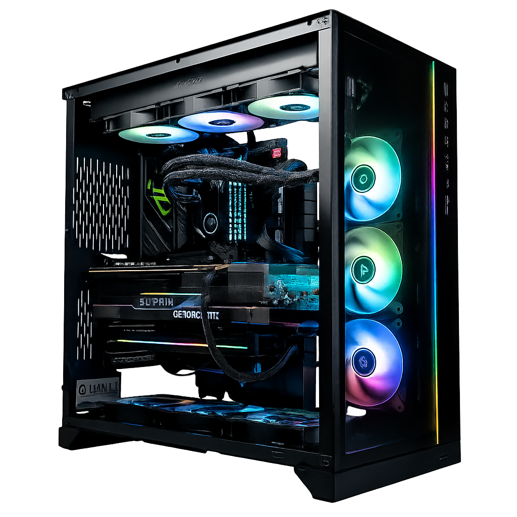 A high-performance gaming computer with a glass side panel displaying RGB lighting inside, including CPU cooler with RGB fans, a graphics card, and case fans, all illuminated with multicolor LED lights.