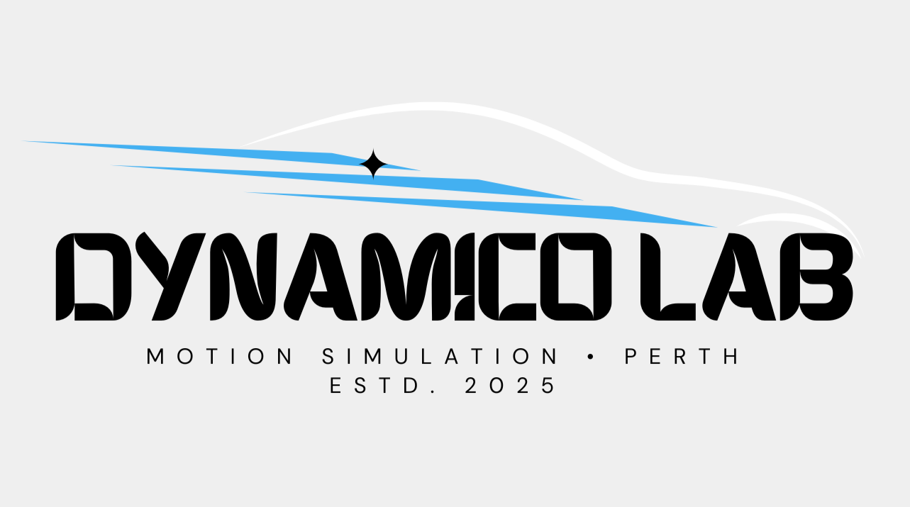 Logo for Dynamic Lab, a motion simulation company based in Perth, established in 2025, featuring stylized text and a star with blue streaks.