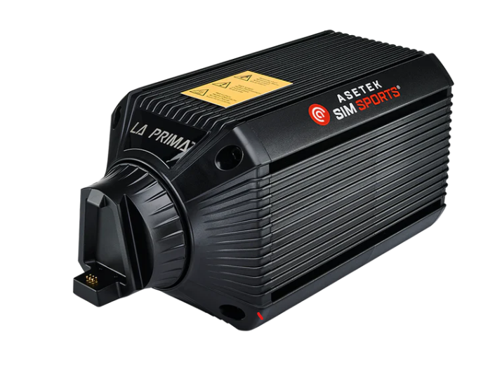 A black electronic device labeled AS-TEK SIM SPORTS with a large round connector port on one end and yellow warning labels on top.