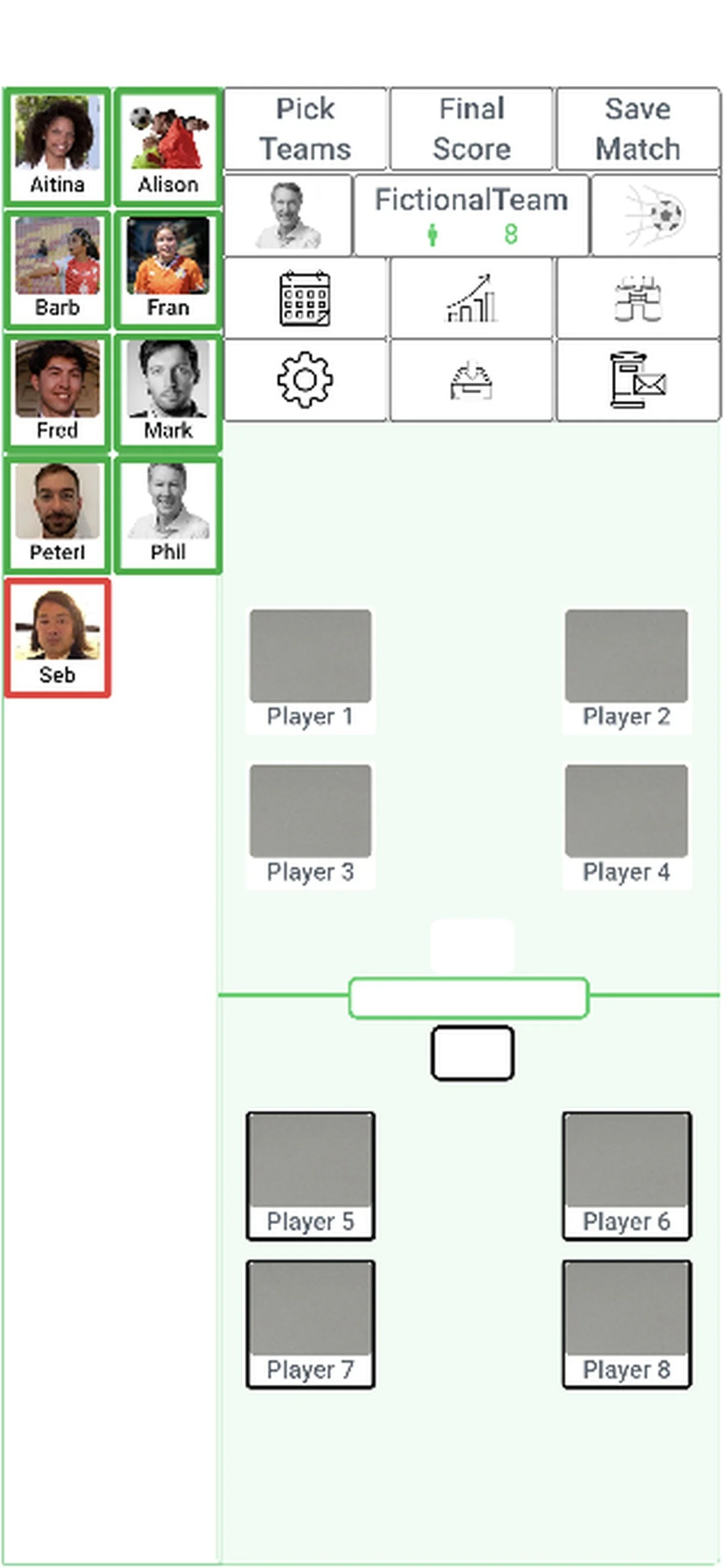 Screenshot of football / soccer team members' photos with with green or red outline boxes. Green boxes are available players for the next game and red boxes are not available.