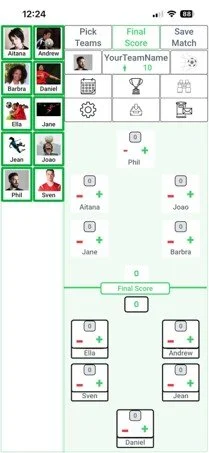 Screenshot of a mobile football / soccer game app showing a match with player names and scores.