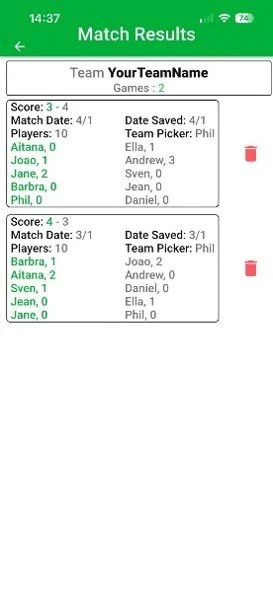 Screenshot showing football / soccer match results for two games, with team names, scores, match dates, team pickers, and individual player scores.