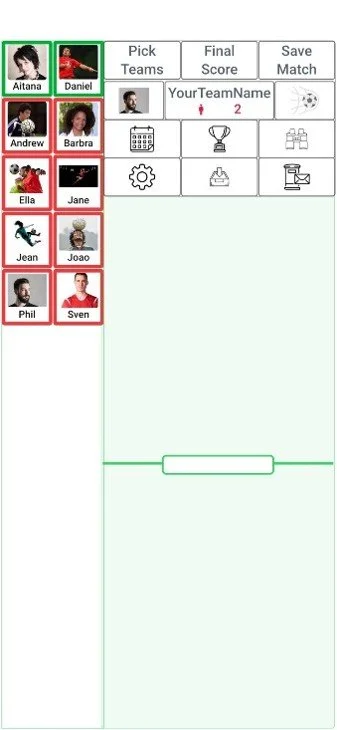 Screenshot of football / soccer team members' photos with with green or red outline boxes. Green boxes are available players for the next game and red boxes are not available.
