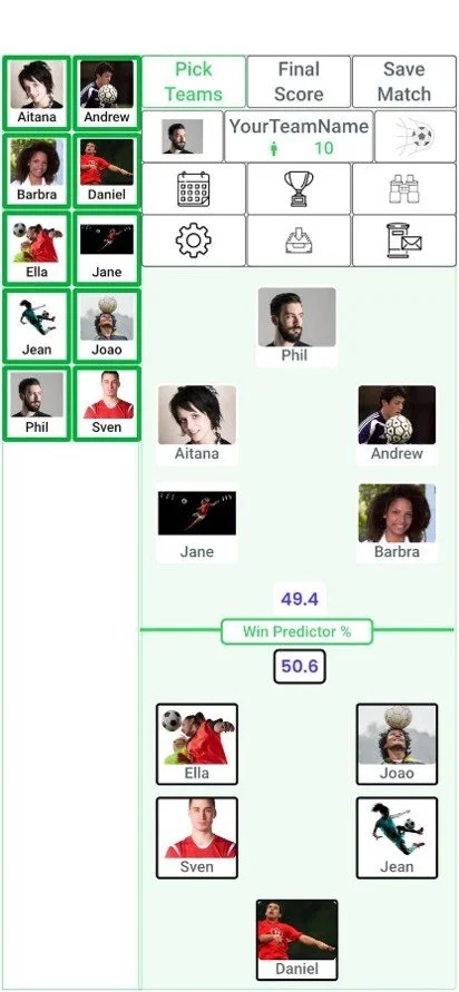 A football / soccer team picking app with two teams with player photos, names. The app displays a team sheet of two opposing teams.