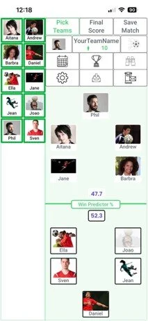 Screenshot of a football / soccer mobile app displaying a game with players' names and photos, showing how the team picker can swap players from one team to the other.