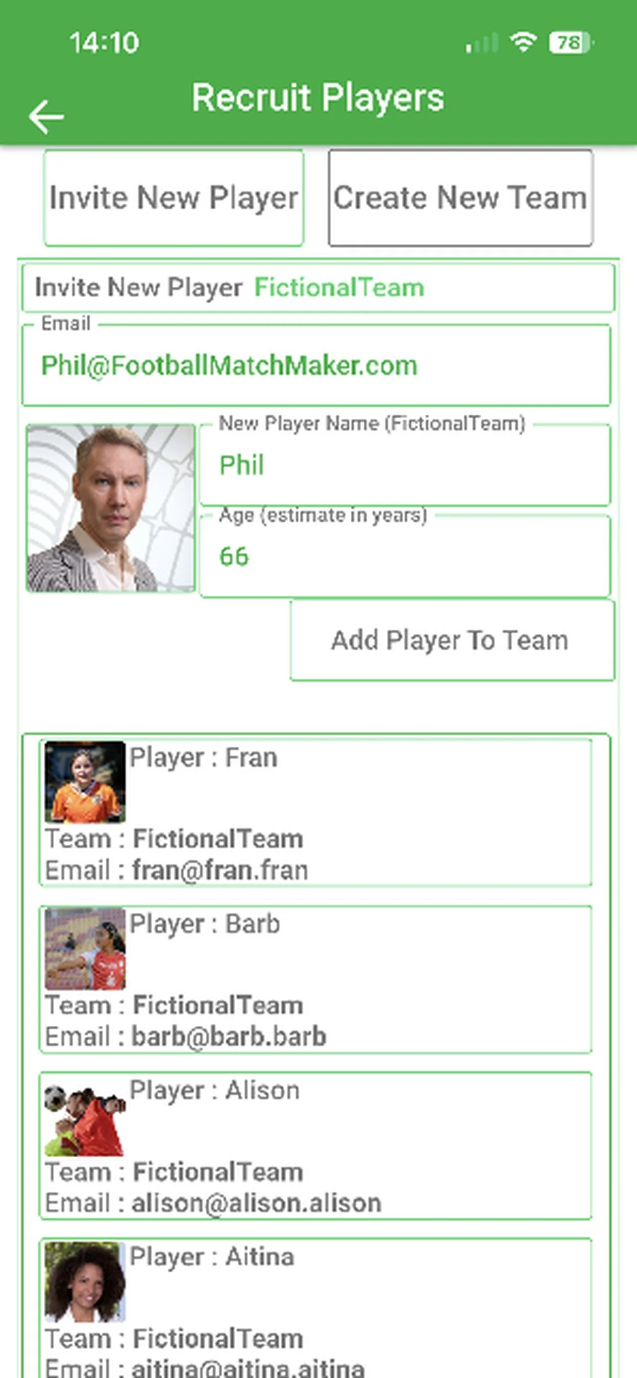 Football / Soccer Mobile app screen for recruiting players, with options to invite or create a team. Details for a new player named which includes a profile picture. Listing of players with their team and email addresses.