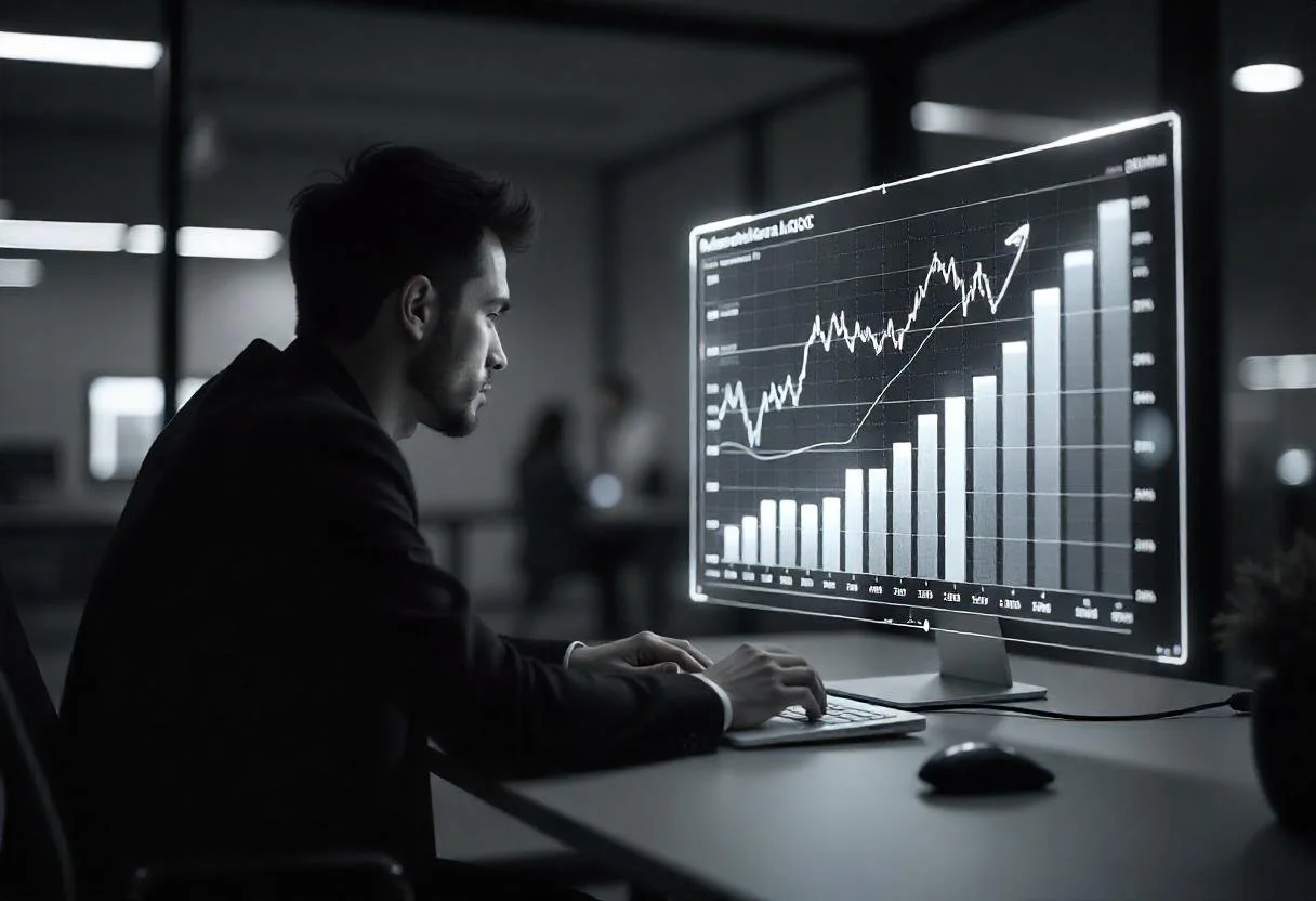 A man working on a computer displaying a financial chart with a line graph and bar chart showing increased growth.