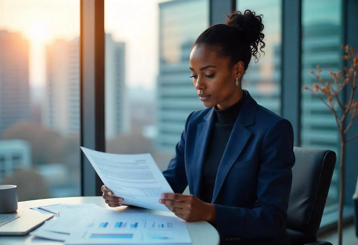 A woman in a navy blazer sitting at a desk, reading papers, with a city skyline and sunset visible outside large windows.