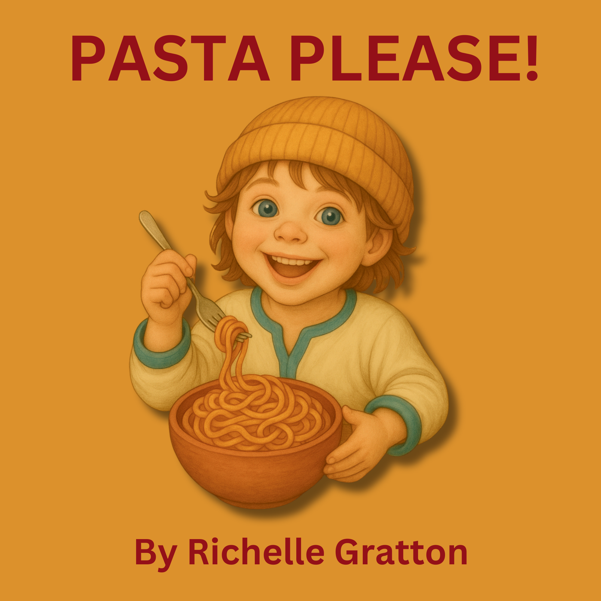 Book cover featuring a smiling young boy wearing a yellow beanie holding a bowl of spaghetti with a fork, with the title "PASTA PLEASE!" in red at the top and the author "By Richelle Gratton" at the bottom.