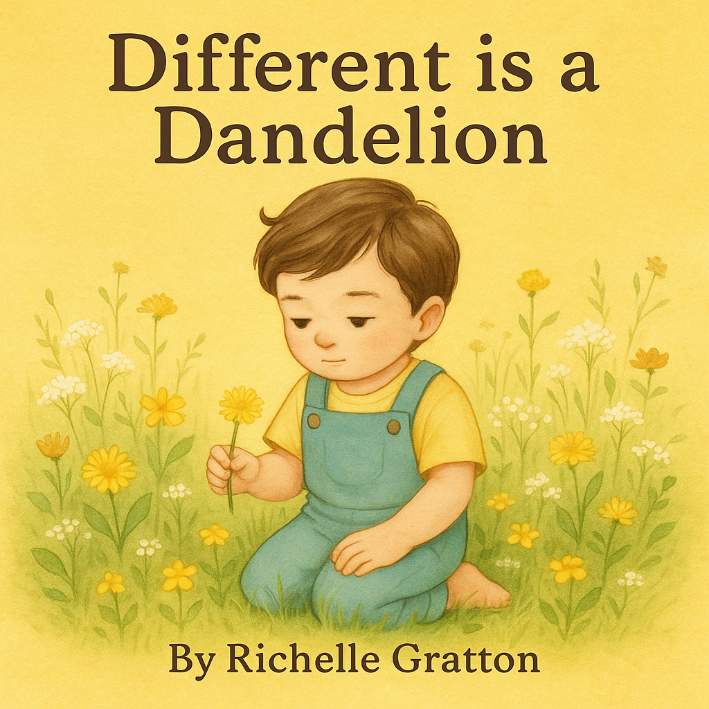 A children's book cover titled "Different is a Dandelion" by Richelle Gratton. The cover features an illustration of a young boy with brown hair, sitting in a field of yellow and white flowers, holding a yellow dandelion, with a gentle and contemplative expression.