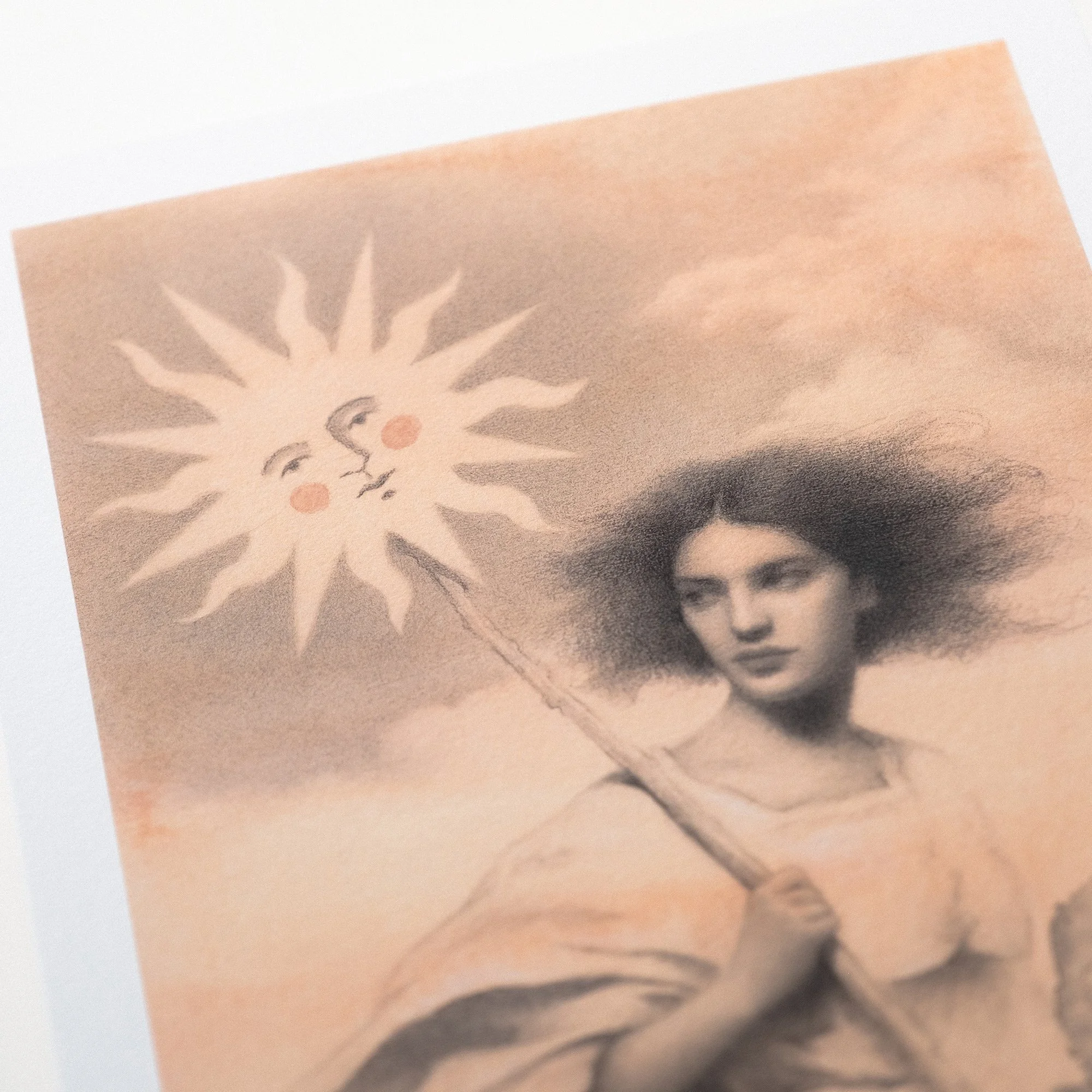 Symbolic drawing of a sun-bearing feminine figure, evoking Beltane, sacred union, earth and sky, and the life-giving power of the sun.