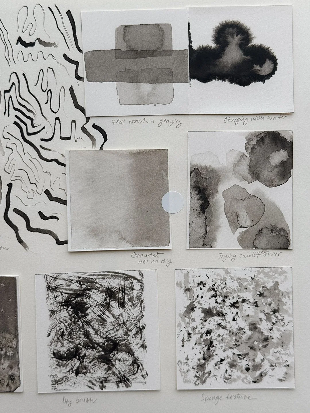 Sketchbook page of ink technique samples: flat wash and glazing, charging with water, a wet-on-dry gradient, cauliflower blooms, dry brush, sponge texture and wavy brush lines.