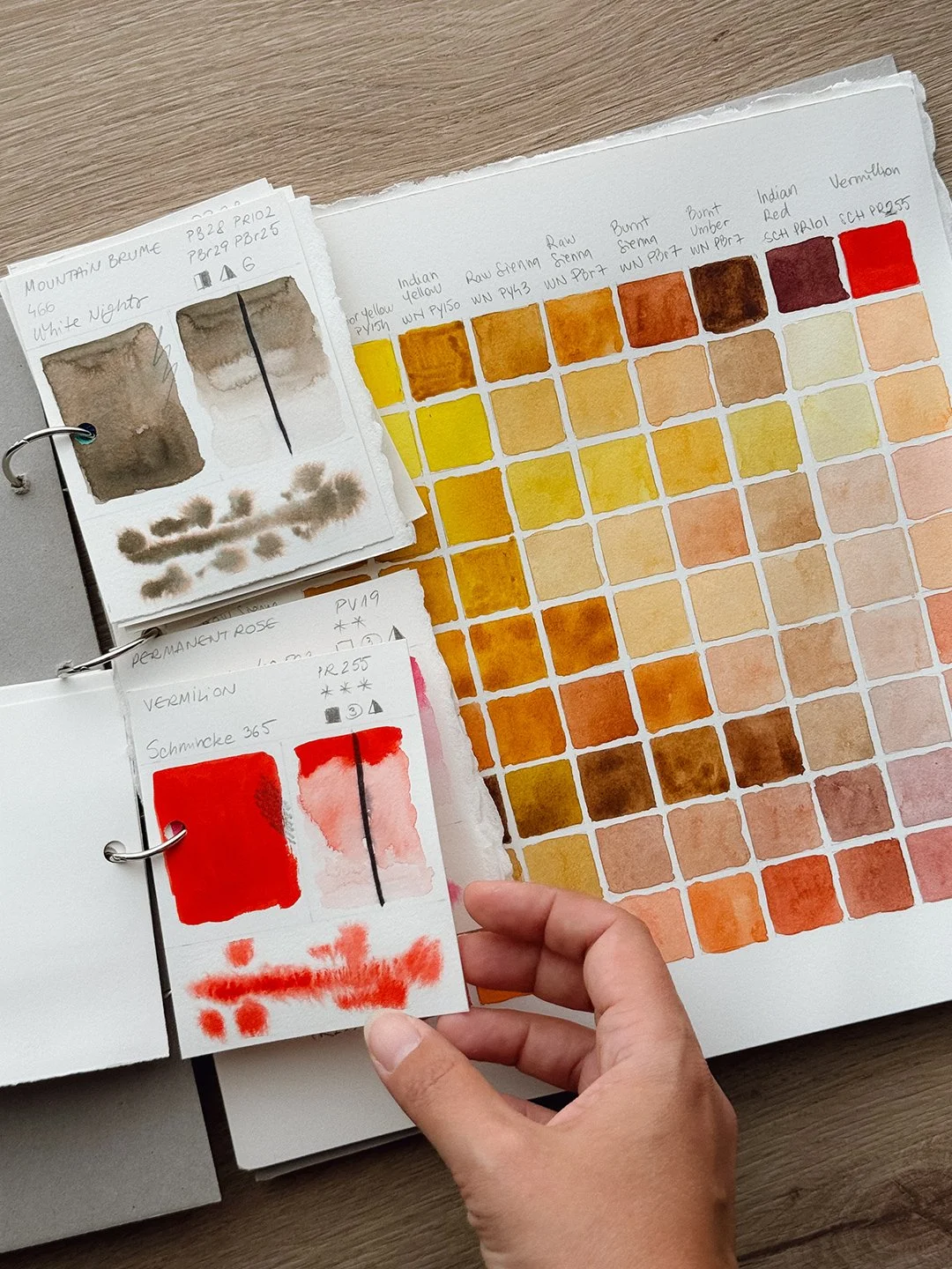 Hand holding a watercolor swatch card of Schmincke Vermilion PR255 with a dilution and a wet bloom, clipped in a ring binder. Behind it a grid of yellow, earth and red mixes.