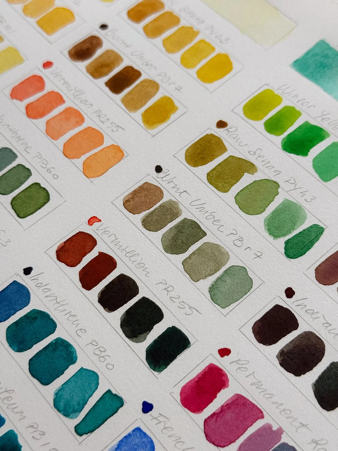 Angled close-up of labelled watercolor gradient strips. Vermilion shifts through rust to near-black, Raw Sienna moves into olive and bright green, and Indanthrene fades into teal.