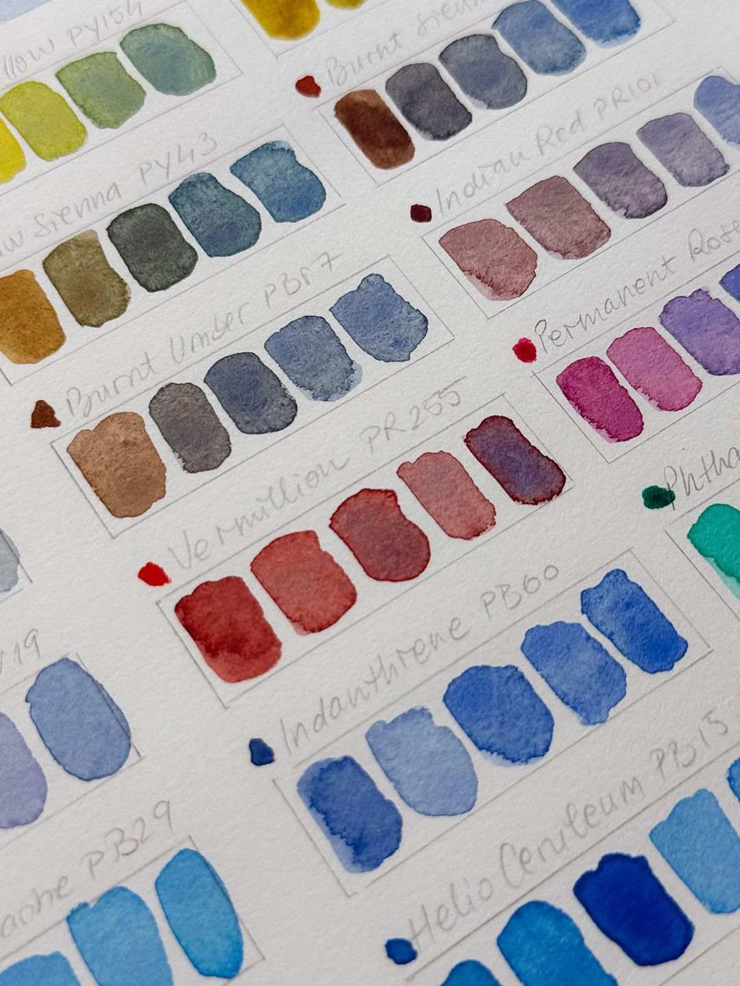 Close-up of handwritten watercolor mixing strips. Burnt Umber cools into blue-grey, Vermilion darkens into plum, Indian Red turns violet, and Indanthrene blends into cobalt blue.