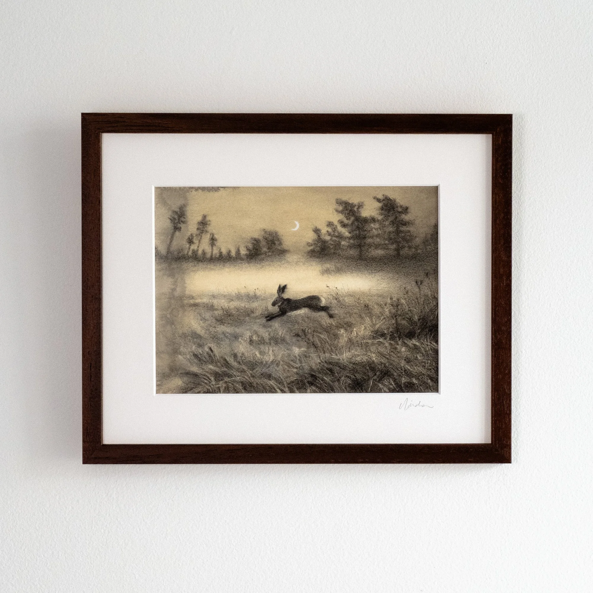Leap of Faith by avidoma, framed original drawing of a hare running across the field under the moonlight at dusk