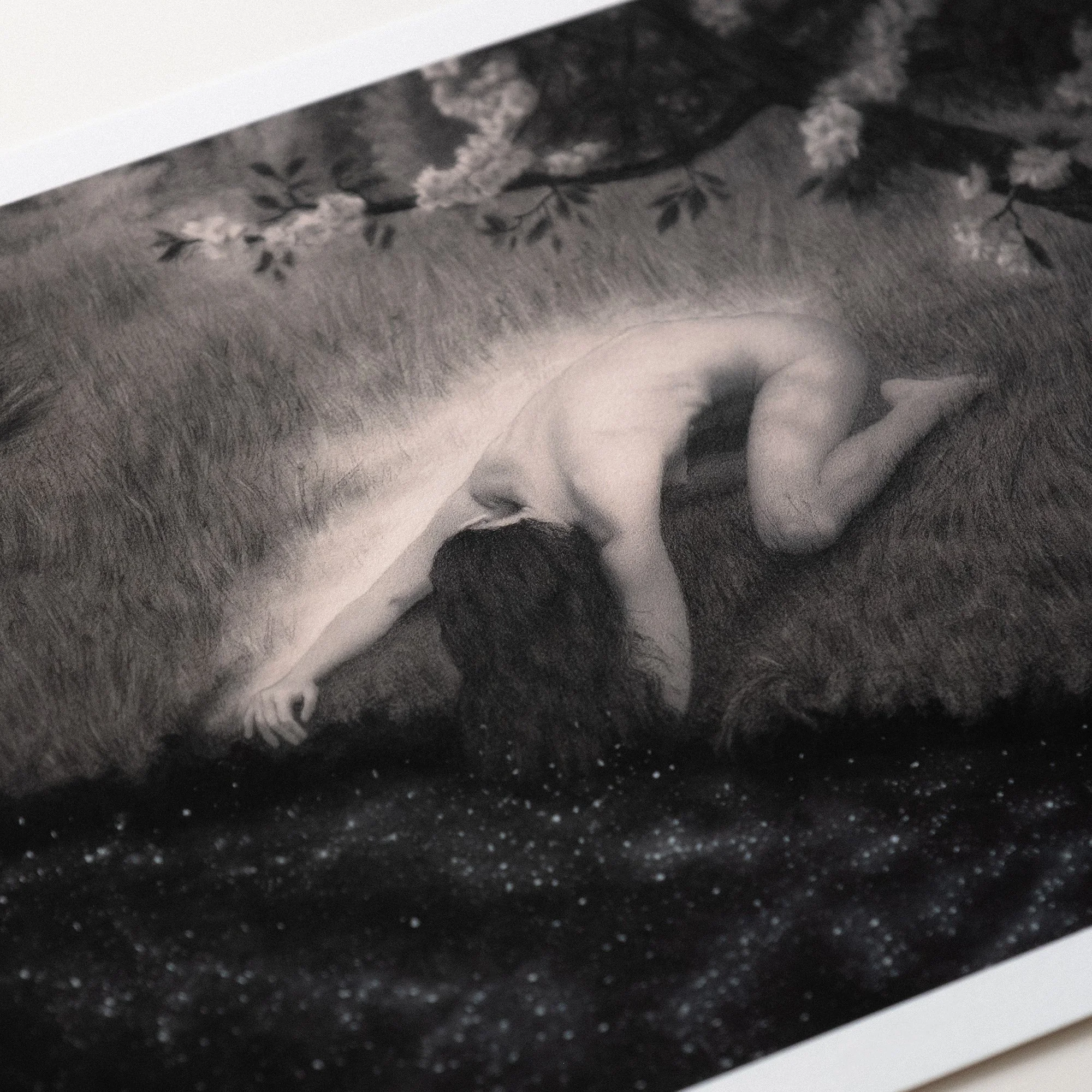 Symbolist drawing of a woman kneeling at a river beneath a tree, with her hair merging into starry water in a mystical nature scene.