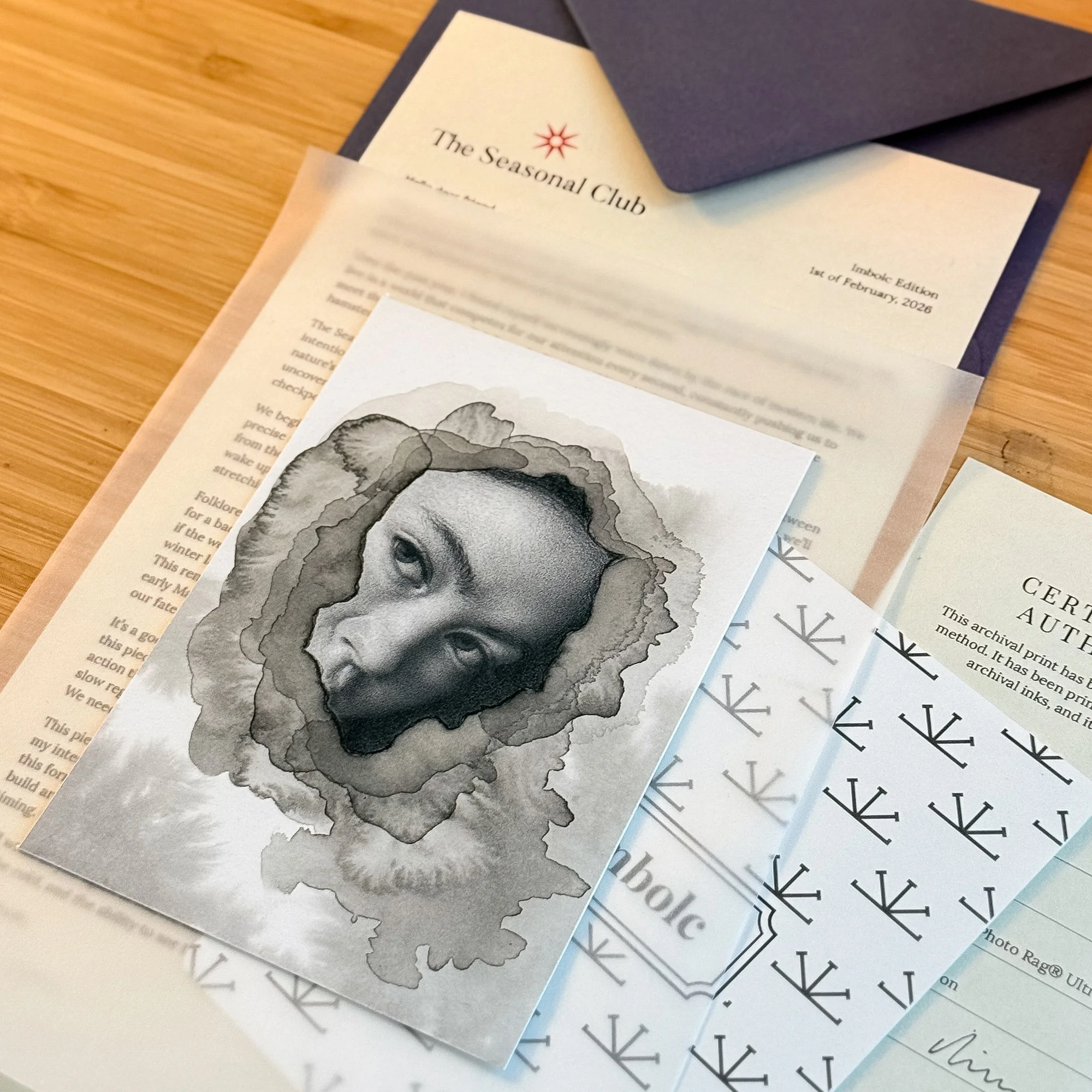 art print snail mail delivery of a letter, giclee art print and journaling card for Imbolc