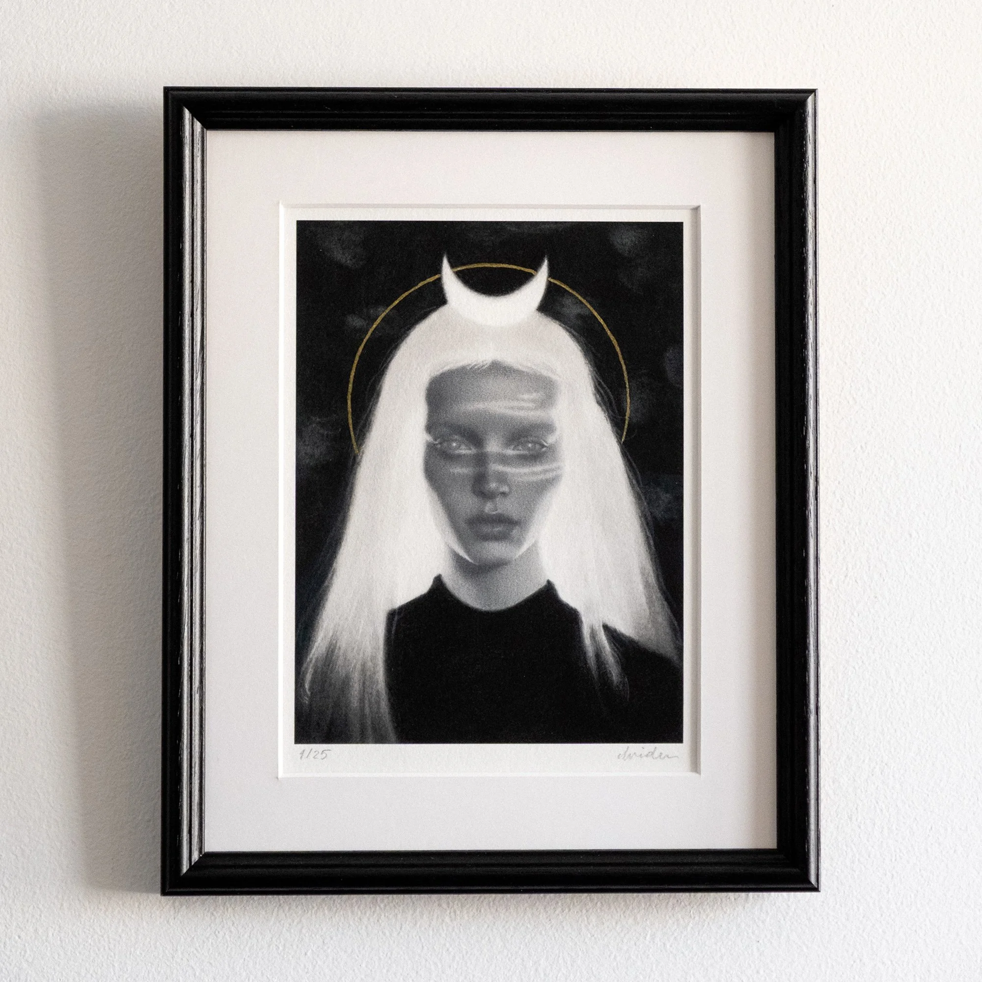 framed "Numina" by avidoma: Limited edition print featuring a symbolic portrait of a woman, hand-painted with gold ink, representing the Wild Woman archetype and divine feminine