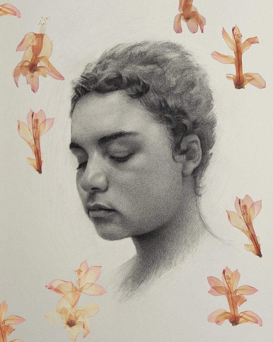 A detailed pencil sketch of a young woman with her eyes closed, surrounded by peach-colored flowers.