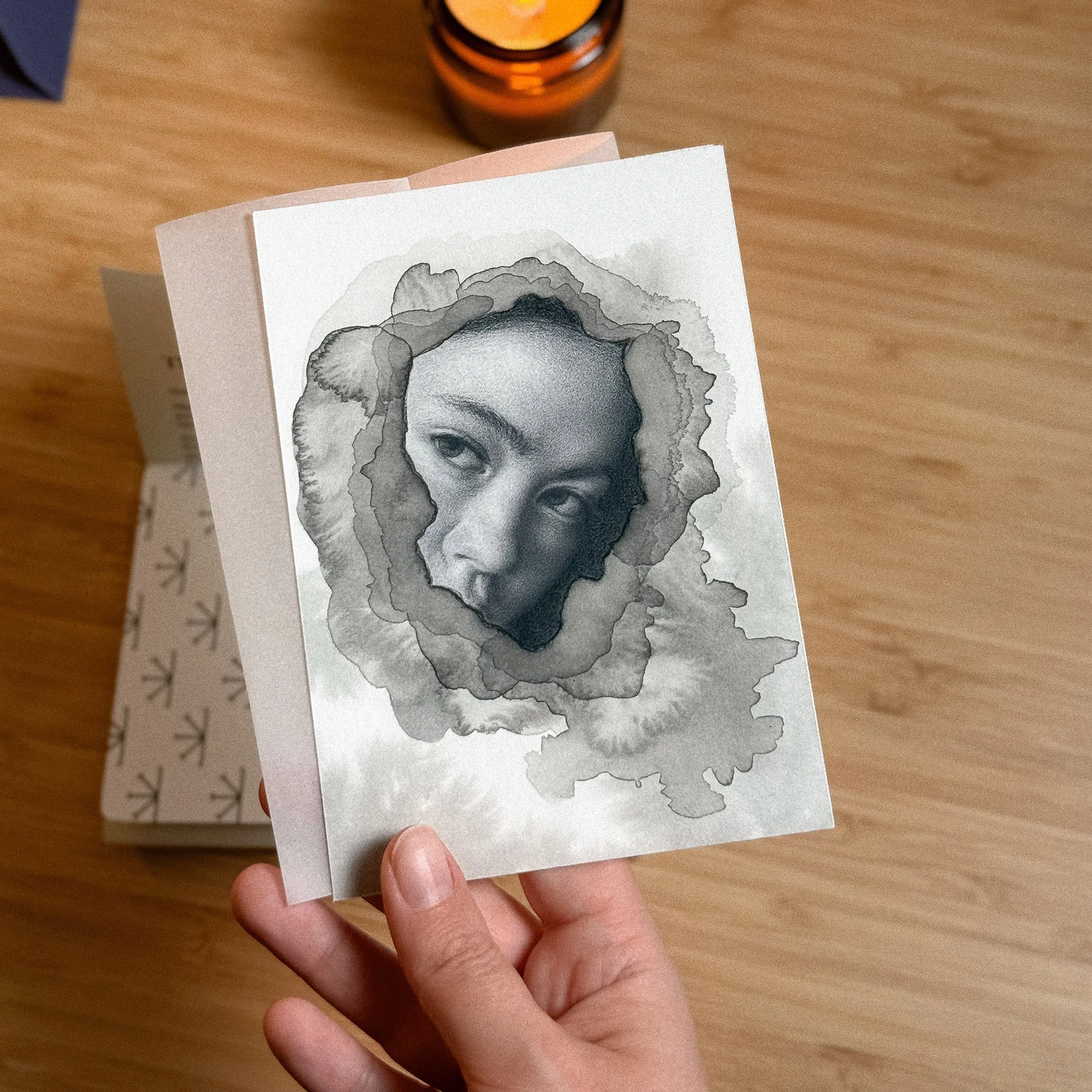 giclee archival print on cotton paper depicting the realist portrait of a woman surrounded by abstract ink splashes