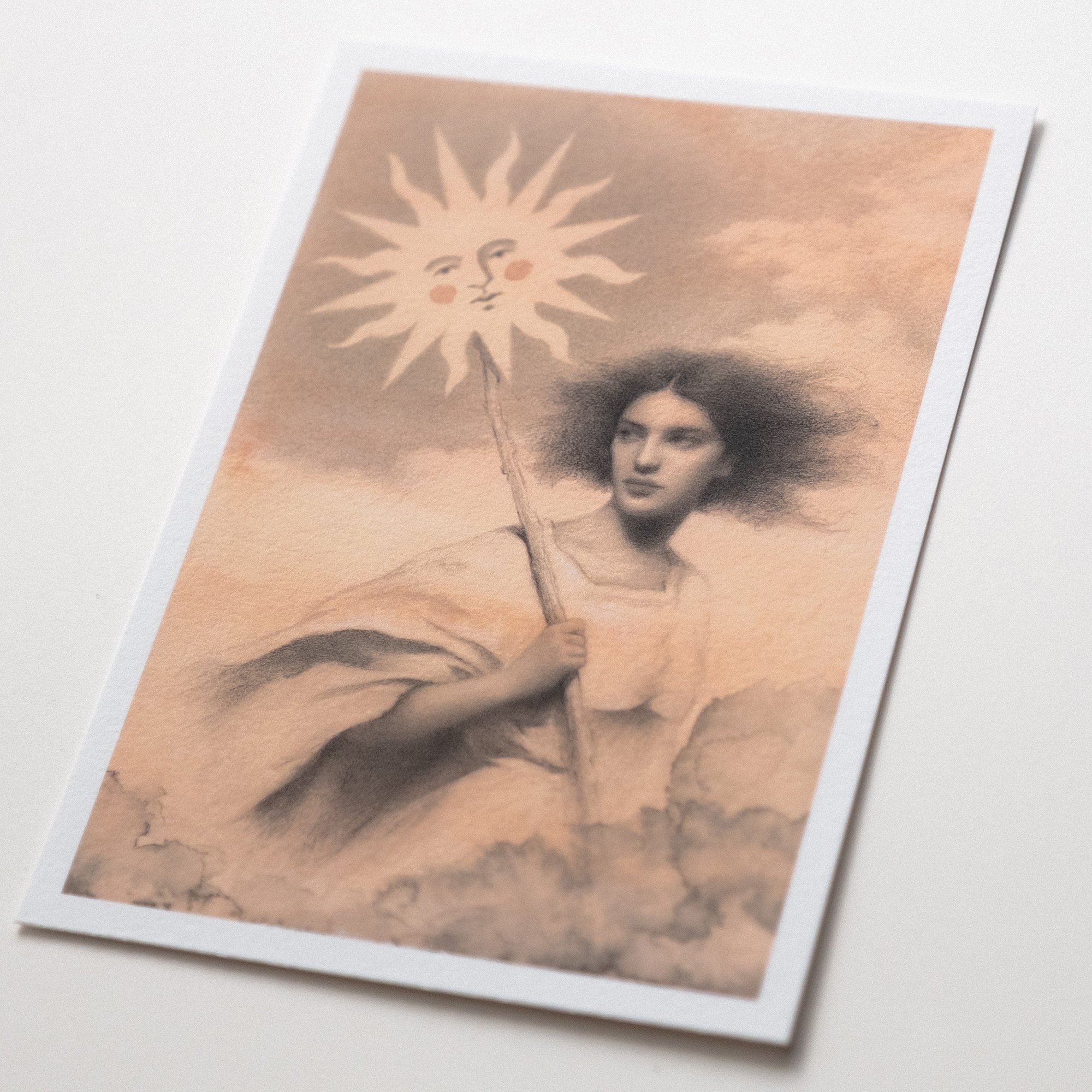 Mystical nature-inspired art print with a sun-bearing woman, created as an ethereal A6 wall art piece about light, abundance, renewal, and creative power.