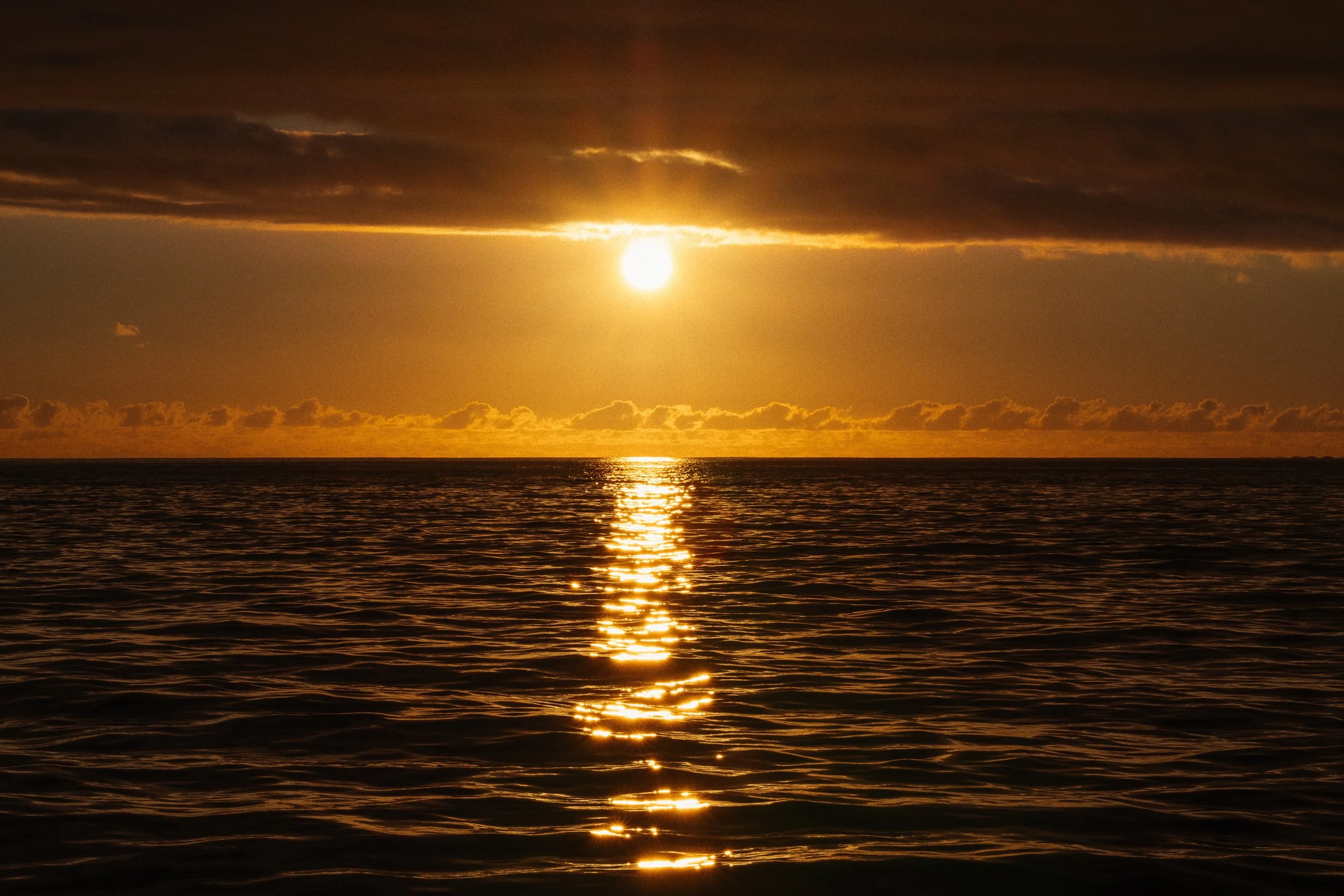 Sunset over the ocean with dark clouds, golden sunlight reflecting on the water, calm waves, and a horizon line