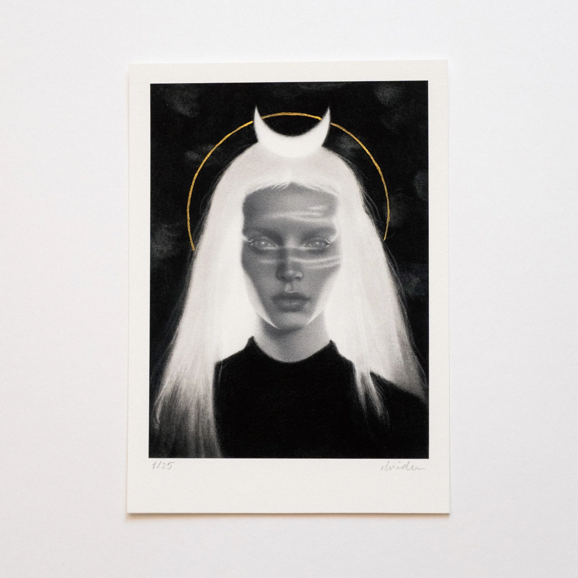 "Numina" by avidoma: Limited edition fine art print featuring a symbolic portrait of a woman. Hand-painted with gold ink, embodying the Wild Woman archetype and divine feminine