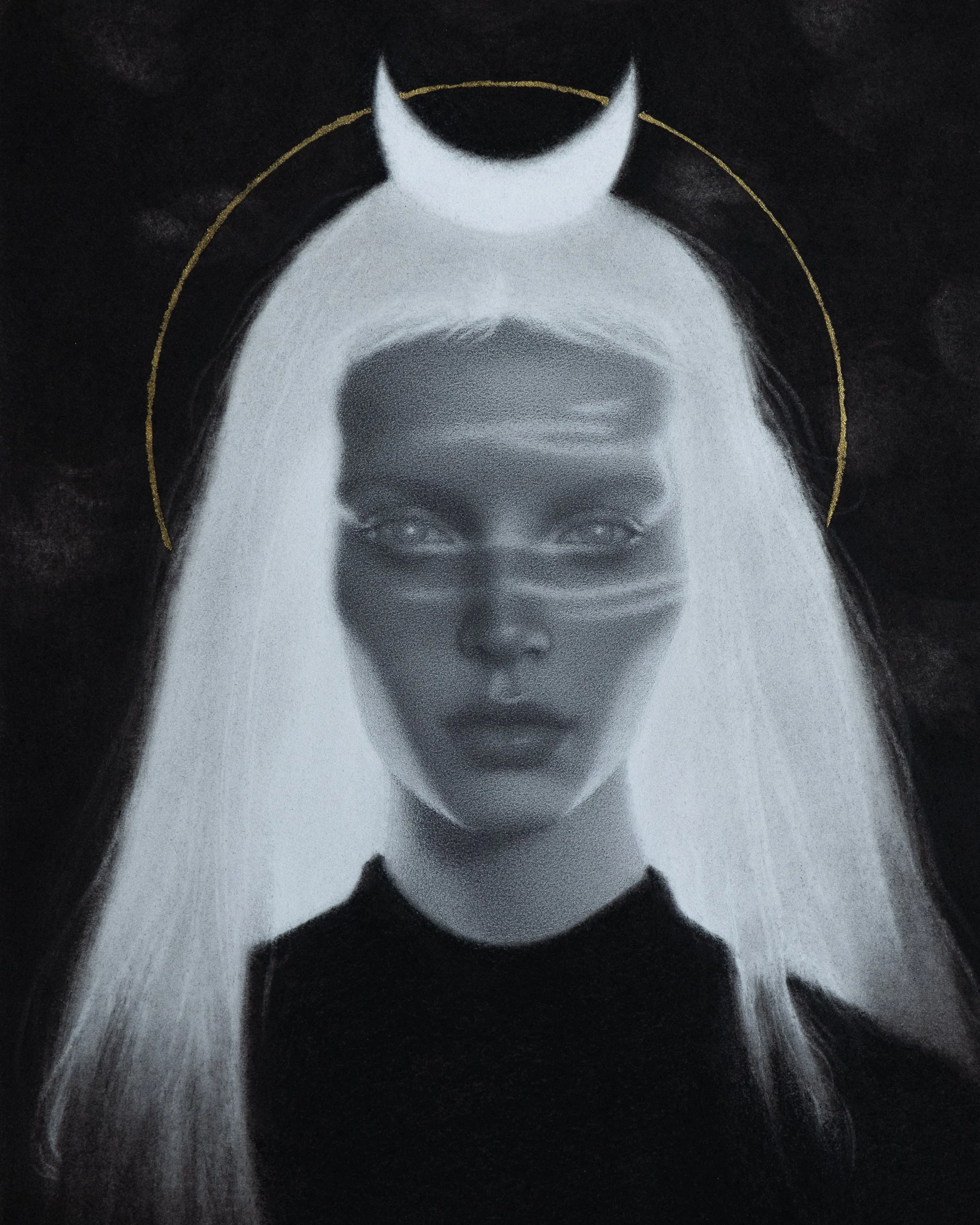 A surreal black-and-white charcoal and graphite portrait of a woman with silver hair, with a crescent moon above her head and a gold halo around her head, set against a dark background.