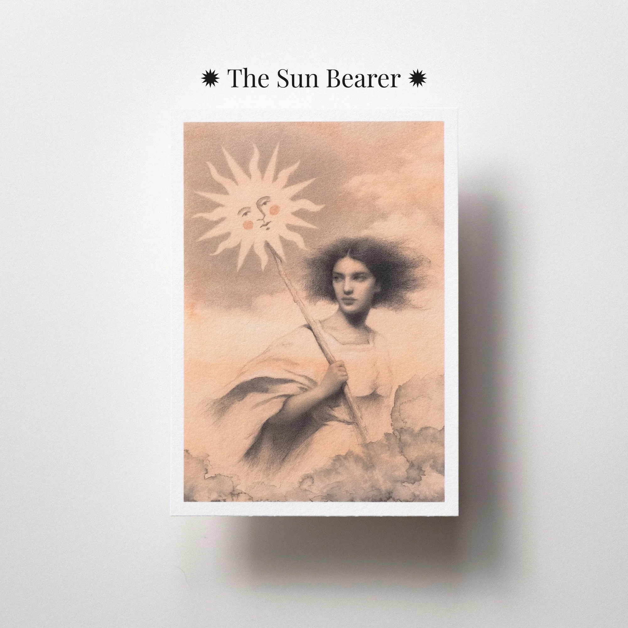 Ethereal figurative drawing inspired by Beltane, showing a radiant feminine presence holding the warmth of the sun as a symbol of courage, vitality, and becoming.