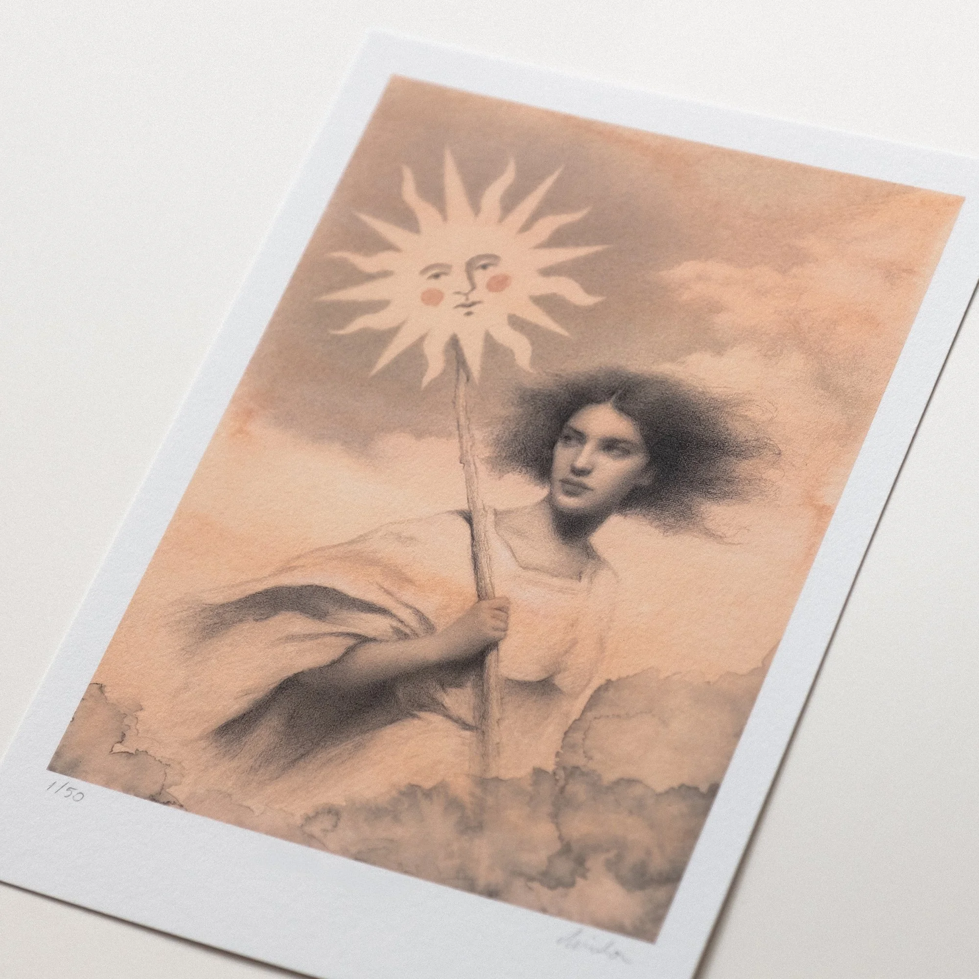 Ethereal figurative drawing inspired by Beltane, showing a radiant feminine presence holding the warmth of the sun as a symbol of courage, vitality, and becoming.