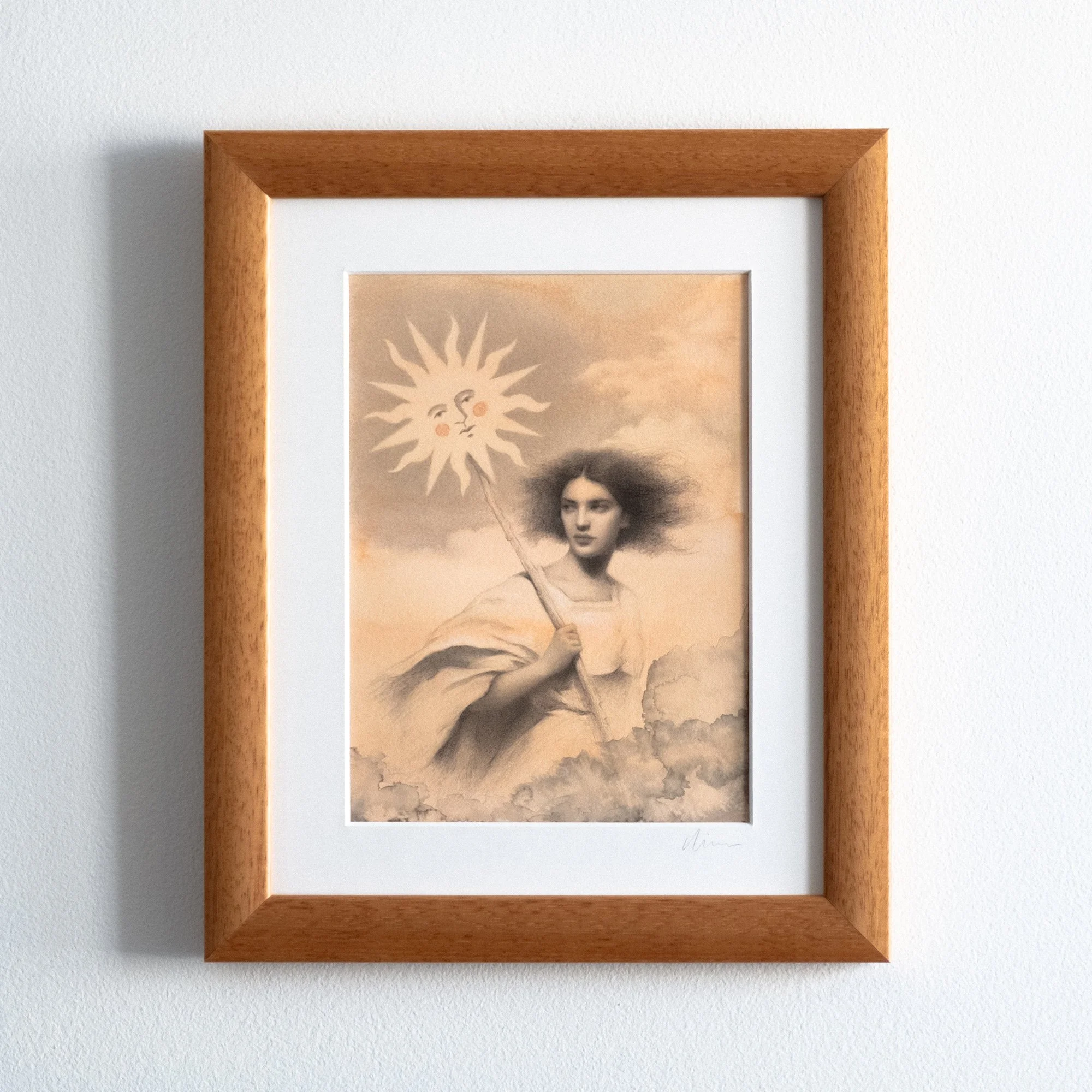 The Sun Bearer by avidoma: Original framed mixed media drawing of a woman carrying the sun. Symbolic Beltane artwork with graphite and ink textures